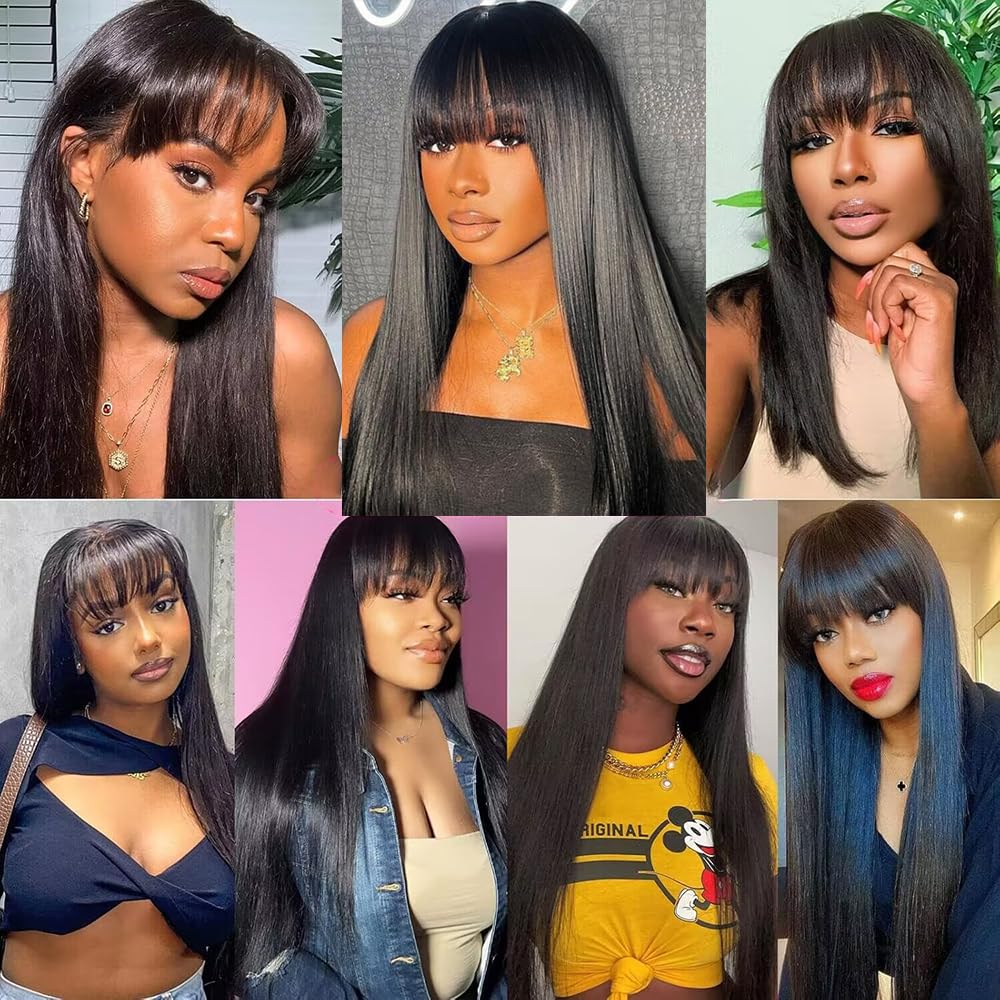 Brazilian Virgin Straight Human Hair Wigs with Bangs - 180% Density Glueless Lace Front Wigs for Black Women (10 Inch, Natural Color) | Machine Made | Perfect for Daily Wear, Parties & Special Occasions