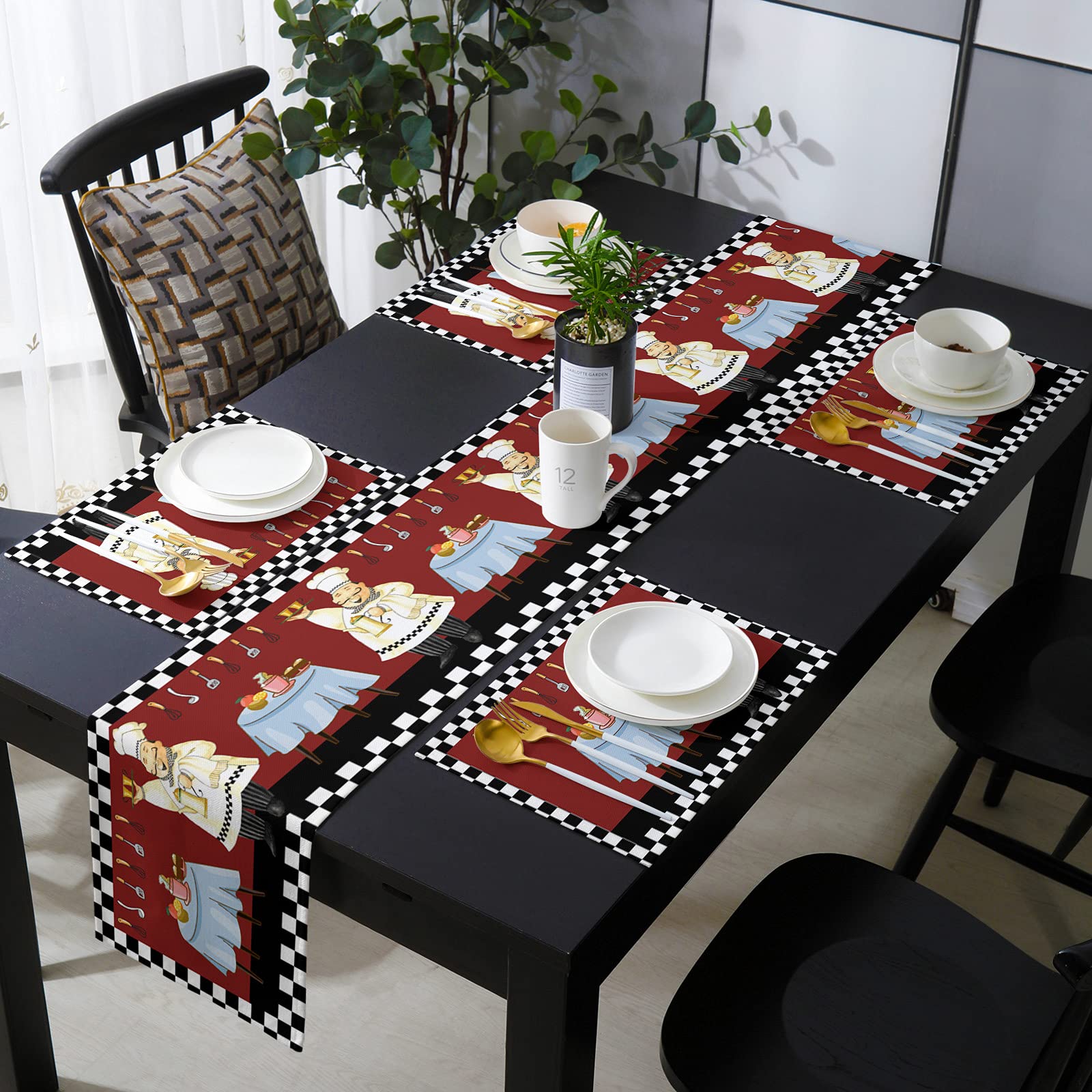 Fat Chef Table Runner and Placemats Set of 6 - Farmhouse Burlap Table Decor for Kitchen, Party & Wedding - Chef-Themed Kitchen Accessories for Dining Room & Home Decor