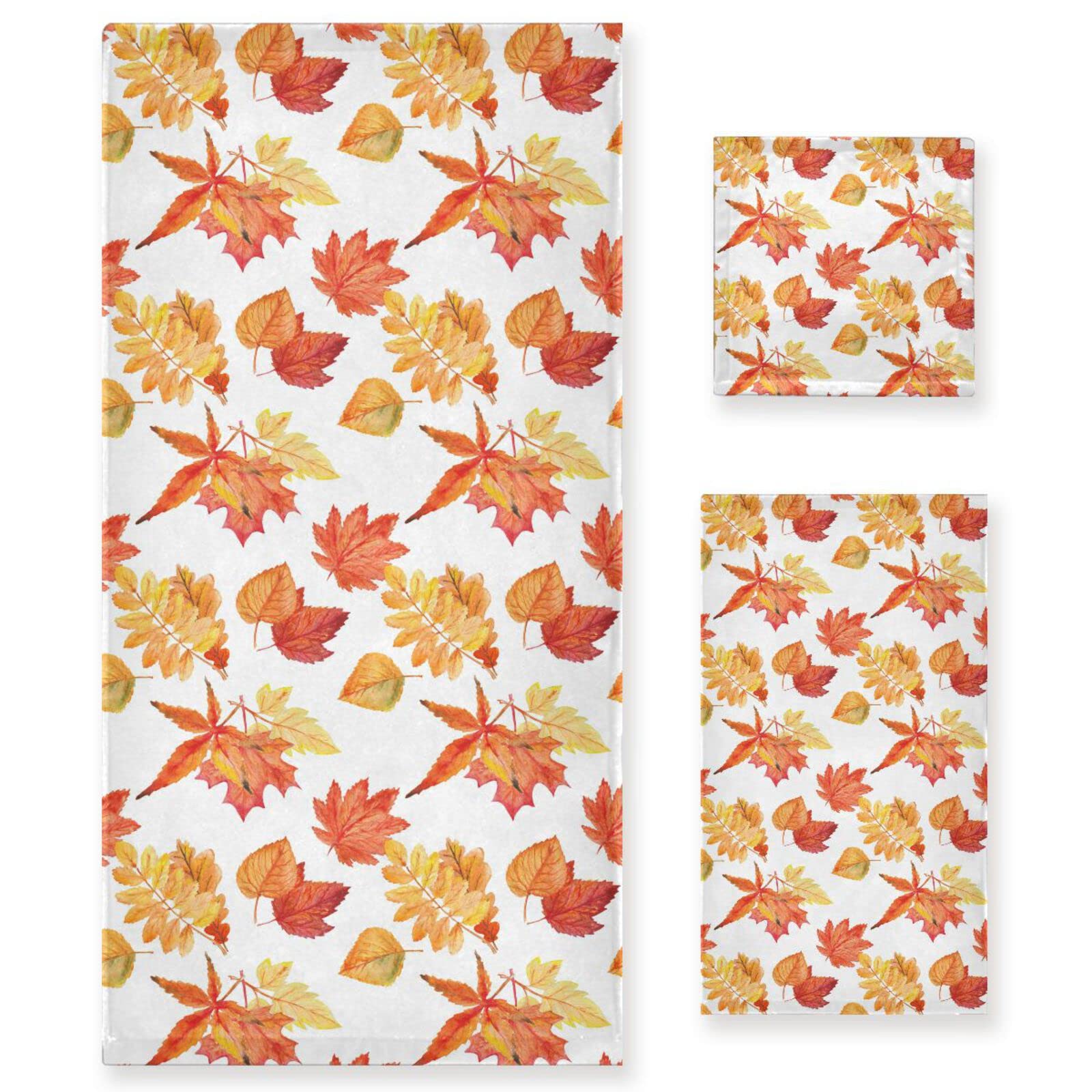 Thanksgiving Maple Leaf Bath Towel Set - 3-Piece Autumn Fallen Leaf Bathroom Hand Towels & Washcloth - Super Absorbent for Home, Kitchen, Hotel, Gym & Pool Decor - Perfect for Thanksgiving & Fall Home Decor