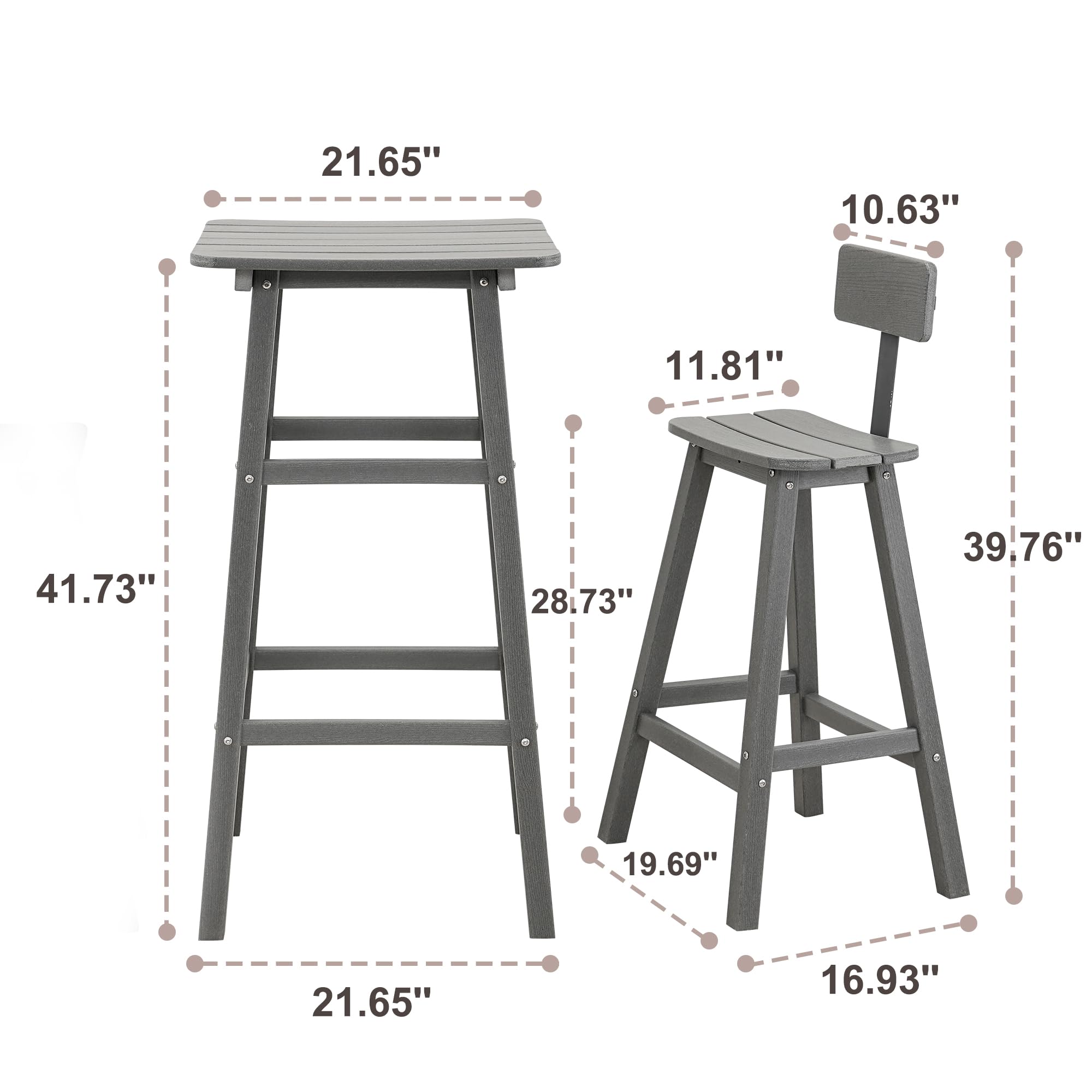 **HDPE 3-Piece Bar Height Patio Set - Weather-Resistant Square Pub Table & Chairs with Stools for Outdoor Deck, Pool, Backyard (Grey) - Perfect for BBQs, Parties & Relaxing**