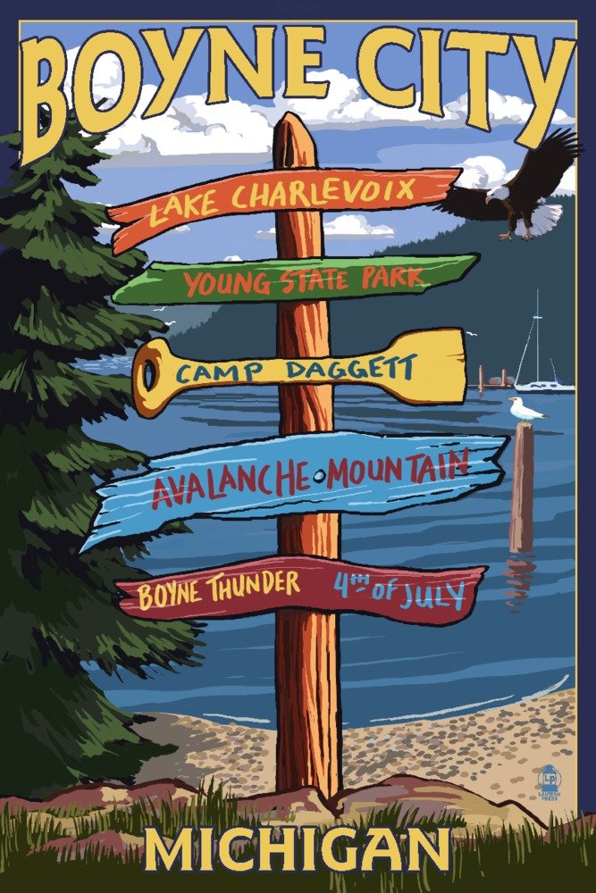 Boyne City Travel Poster - 36x54 Giclee Gallery Print, Vintage Destination Signpost Wall Art Decor for Living Room, Office & Cabin - Perfect for Travel Enthusiasts & Home Styling
