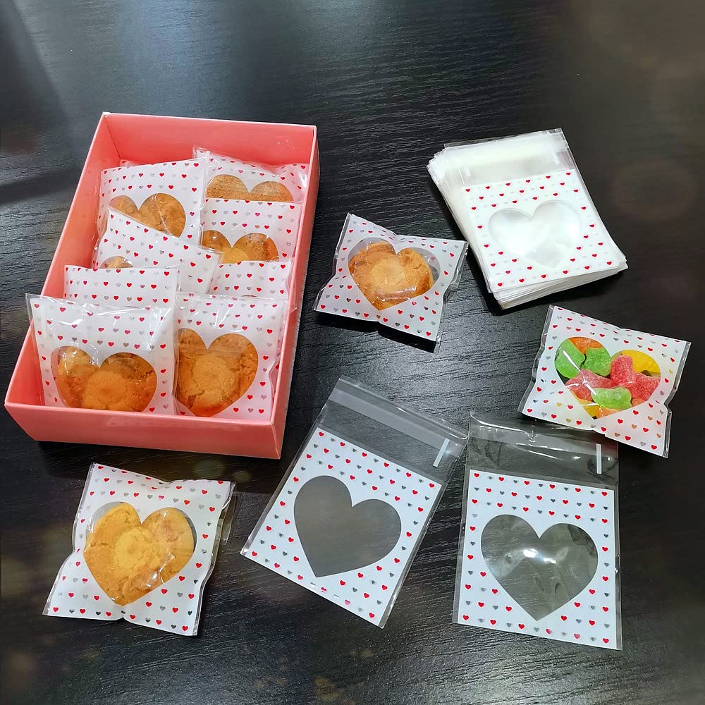 FAZHBARY 200 PCS Valentine's Day Heart Shaped Cellophane Bags - Self Sealing Mini Treat Bags for Cookies, Candy, Chocolates - Perfect for Bakery Supplies, Party Favors, Wedding Treats & Gift Packaging