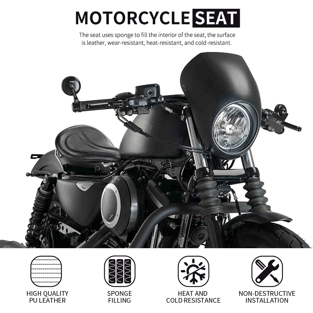 DREAMIZER Sportster Solo Motorcycle Seat - Black Leather Spring Driver Saddle for Harley Iron 883, 1200 Custom, Chopper & Bobber | Comfortable Riding for Cruisers & Long Distance Trips