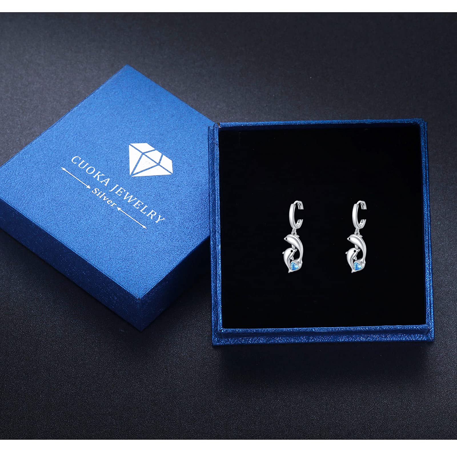 Women's Sterling Silver Dolphin Earrings with Blue Heart-Shaped Crystals – Hypoallergenic Hoop Drop Earrings for Sensitive Ears | Perfect Nautical Jewelry Gift for Best Friend, Ocean Lovers & Sailor Style Fashion