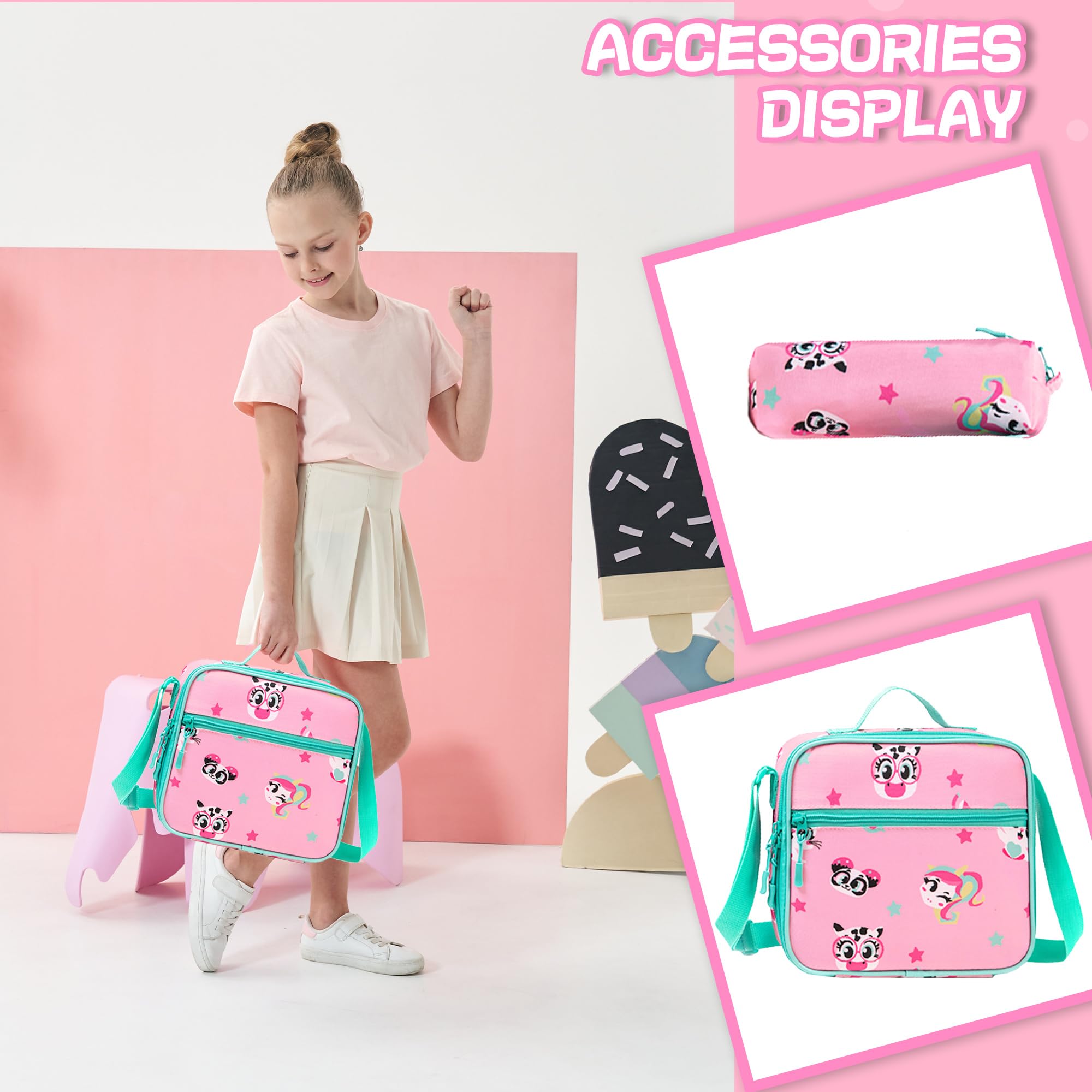**Meetbelify Rolling Backpack for Girls - Cute Cat Wheeled Backpack with Lunch Box & Pencil Case | Kids Carry-On Luggage for Ages 8-10 | School Supplies & Travel Suitcase for School, Trips & Daily Use**
