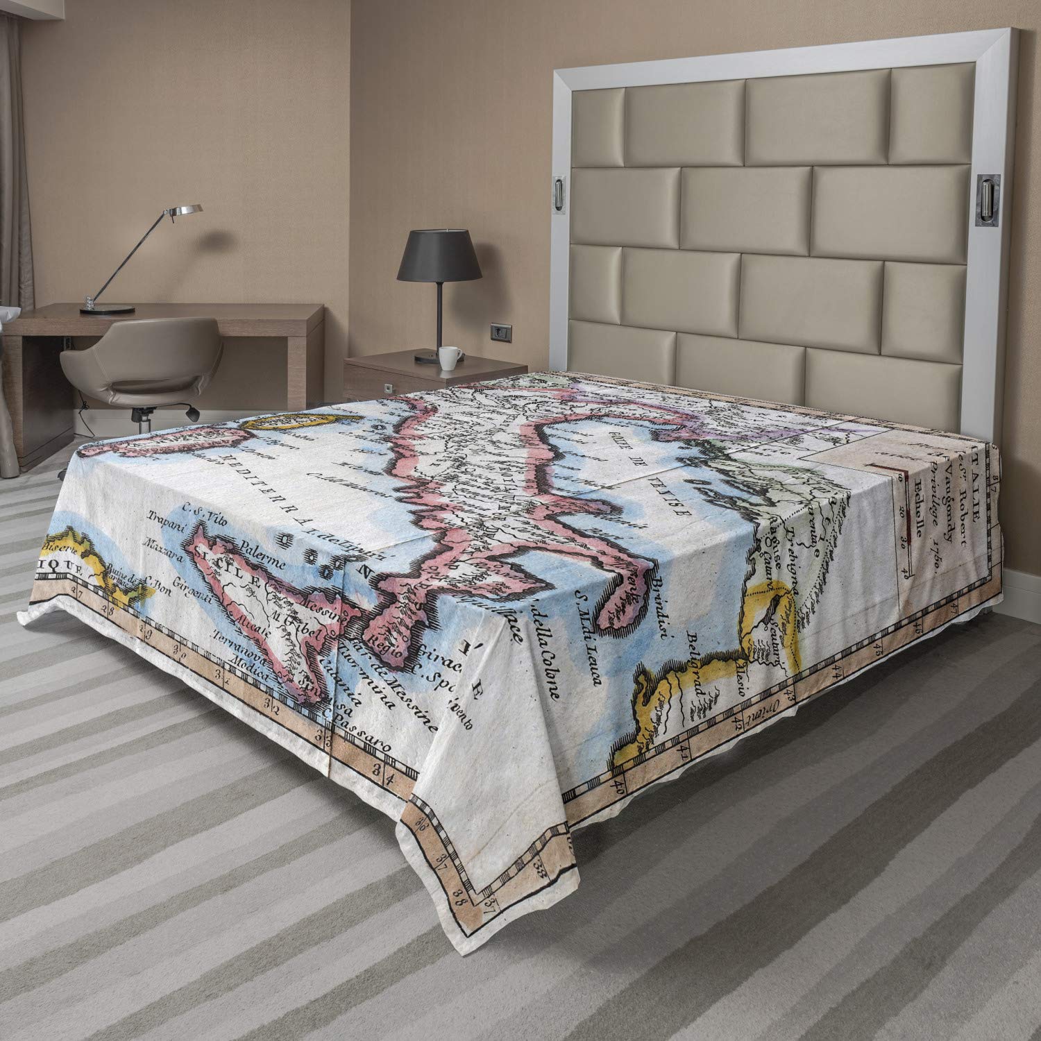 Ambesonne Vintage Italy Map Print Flat Sheet - Full Size Soft Comfortable Decorative Bedding with Retro Letterings | Perfect for Travel Themed Bedrooms, Guest Rooms & Airbnb Decor