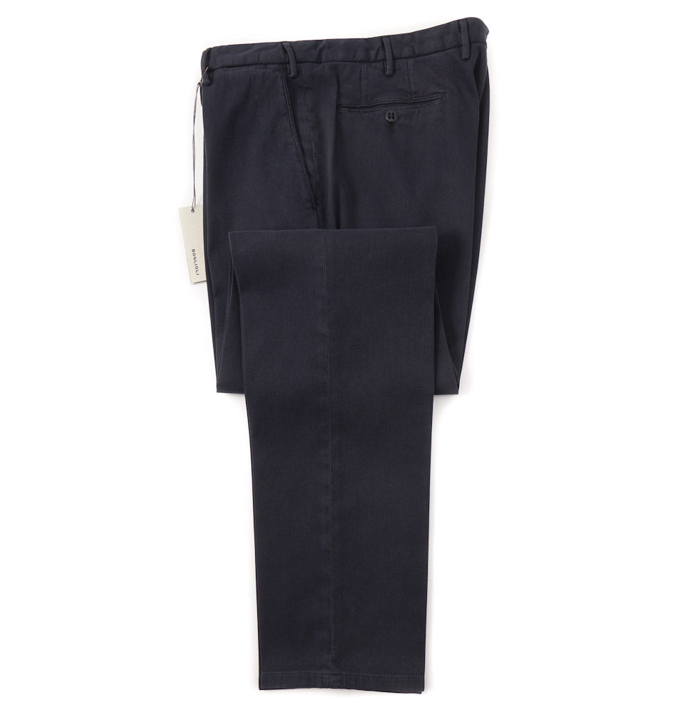 Boglioli Men's Slim Fit Cotton Chinos - Navy Blue Patterned Casual Pants for Office & Smart Casual Wear