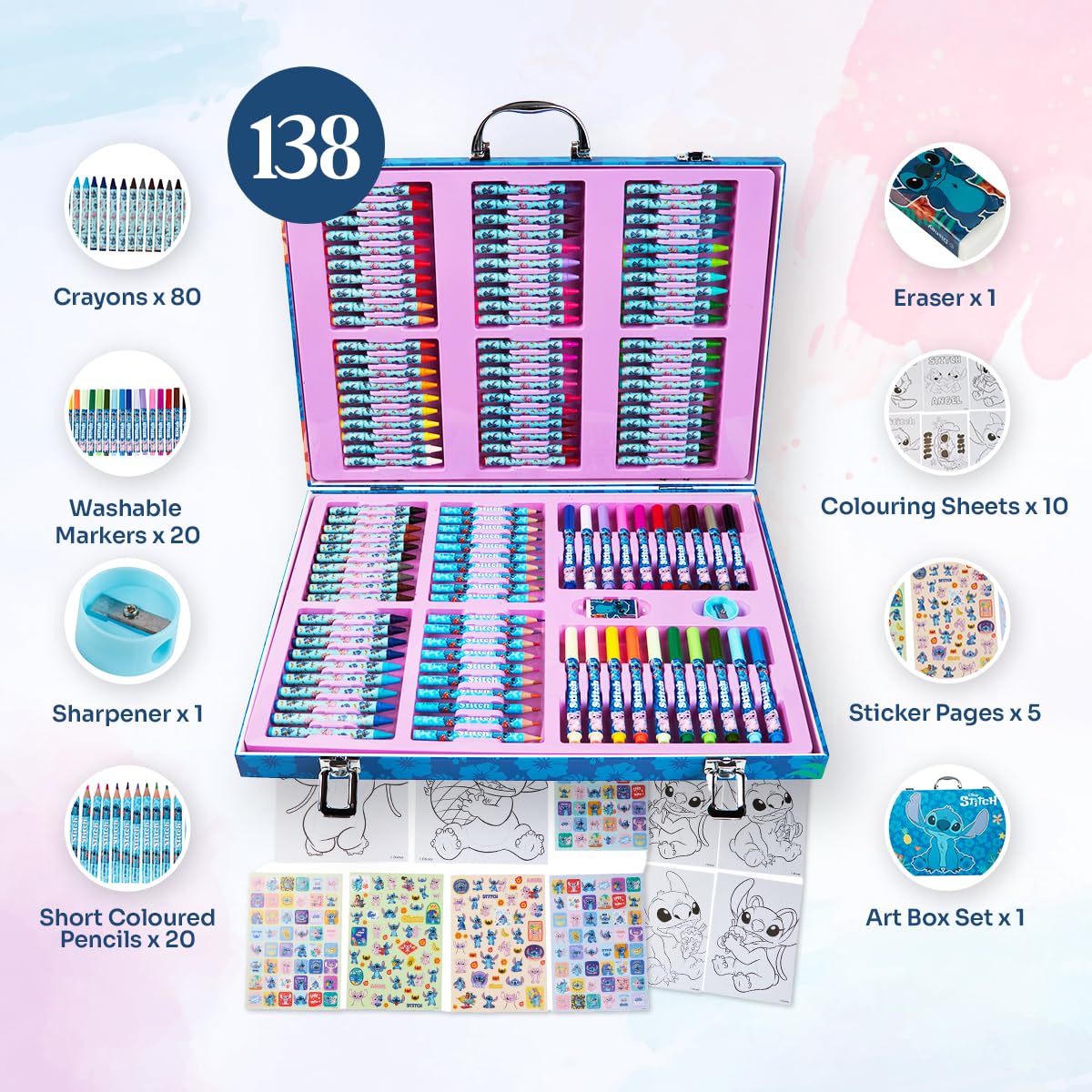 Disney Stitch Art Set for Kids - 130+ Pieces Frozen Coloring Pencils & Crayons, Princess Art Supplies, Creative Gift for Girls & Boys - Perfect for Birthday Parties, School Projects & Family Craft Time (Multi Stitch Collection)