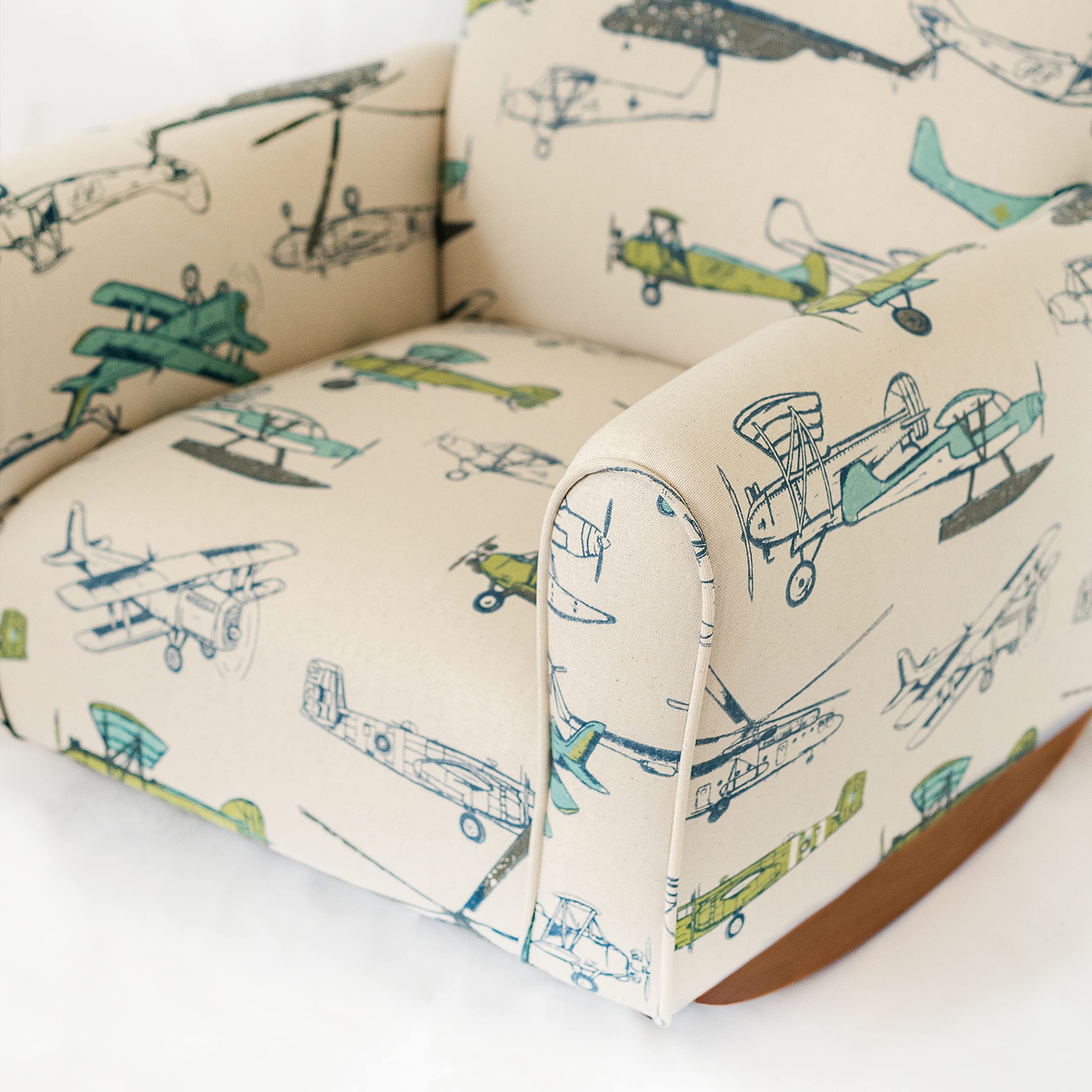 Personalized Kids Upholstered Rocking Chair with Name - Airplane Print Toddler Armchair for Nursery, Bedroom & Playroom - Comfy Personalized Children's Furniture Gift for Boys & Girls