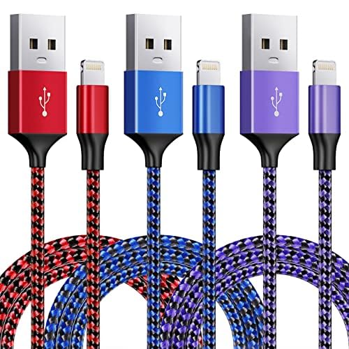 HKYUSHINE 3-Pack 6ft MFi Certified Lightning Cable - Durable Nylon Braided iPhone Charger Cord for iPhone 14/13/12/11/X/8/7 (Blue, Purple, Red) - Fast Charging & Data Sync for Home, Office, Car & Travel