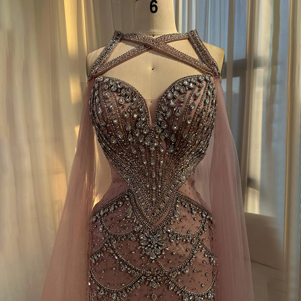 Luxury Dubai Nude Cape Sleeves Beaded Crystal Arabic Evening Dresses Gowns For Women Wedding Party LA72806 - Elegant Formal Gown for Bridal Shower, Red Carpet Events & Special Occasions