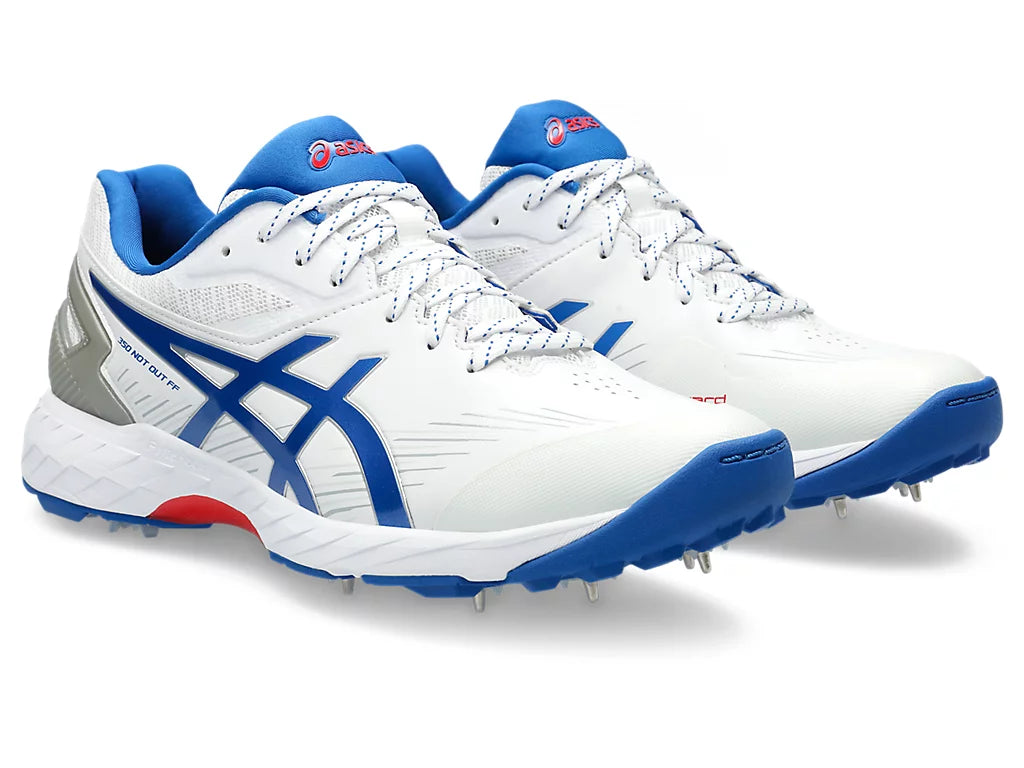 ASICS 350 Not Out White/Tuna Blue Cricket Shoes with Metal Spikes - Perfect for Professional Cricket Matches & Training Sessions