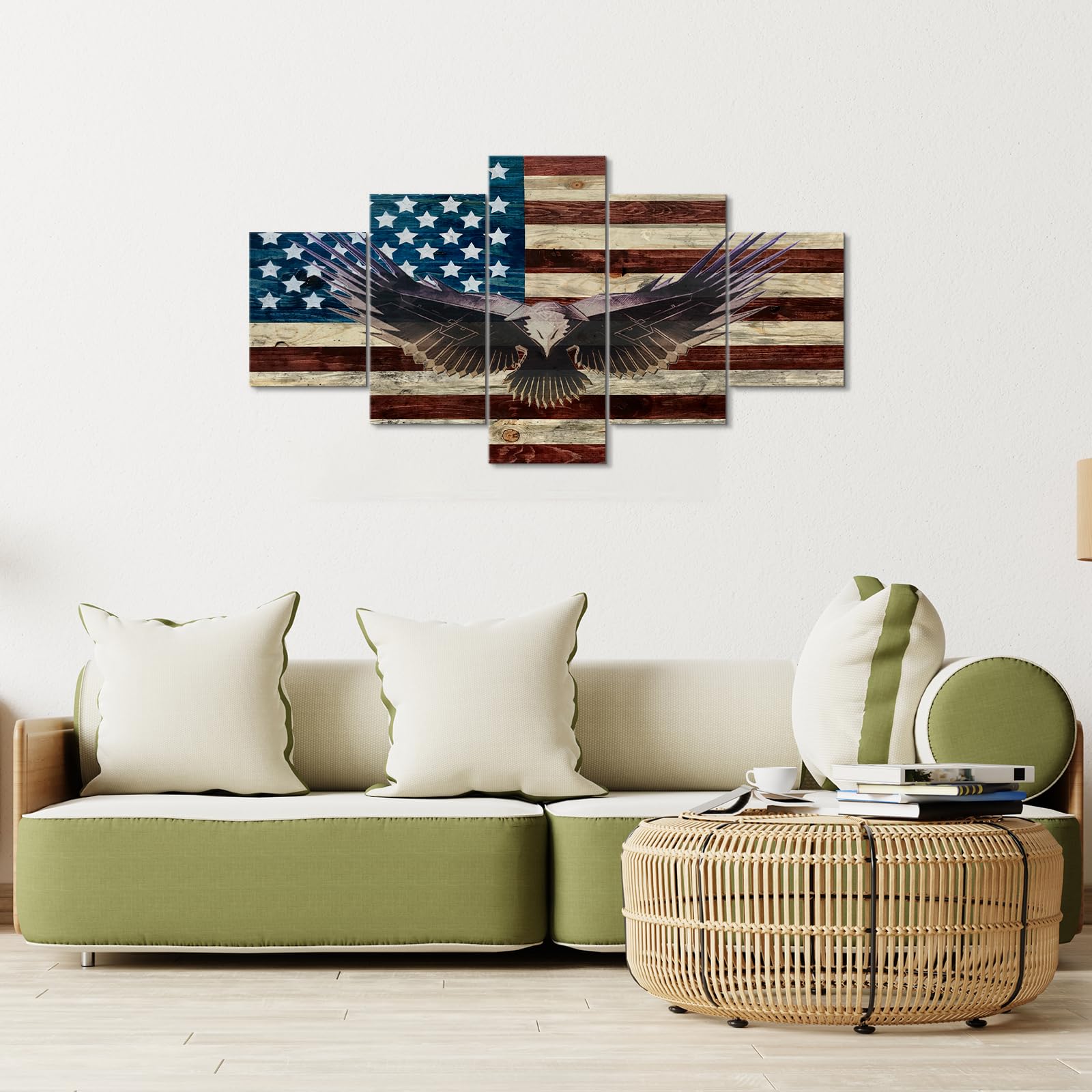 5 Piece American Flag Canvas Wall Art - Patriotic Wooden Flag Decor for Home & Office - Military Army Themed Bald Eagle Poster (70''W x 40''H) - Perfect for Living Room, Bedroom, or Office Wall Decor