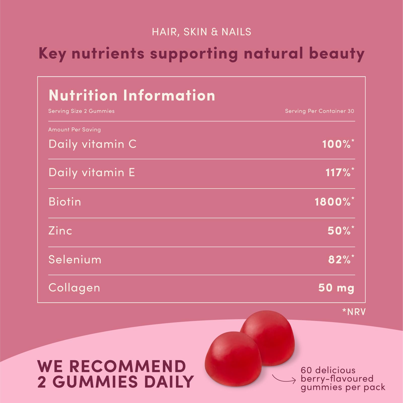 Nature's Bounty Hair Skin & Nails Gummies with Biotin Collagen Vitamins C E & Zinc - 60 Count (30 Day Supply) - Promotes Healthy Hair Growth & Shine - Perfect for Daily Beauty Supplement & Wellness Routine