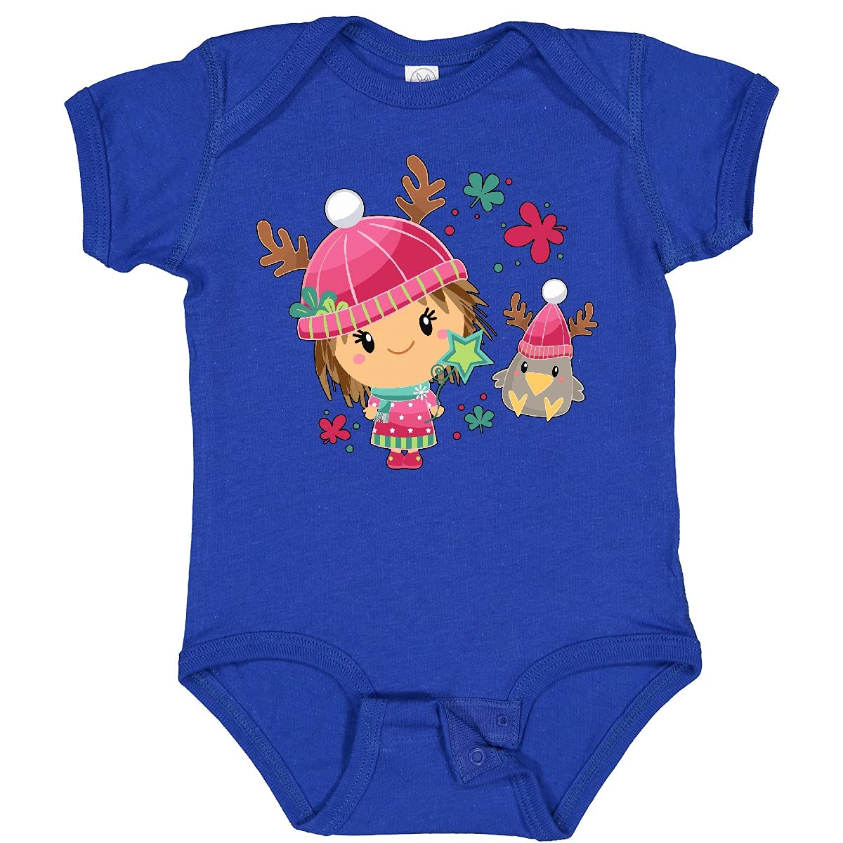Inktastic Adorable Winter Christmas Baby Bodysuit with Cute Girl and Crow in Hats - Perfect for Holiday Photos, Family Gatherings & Festive Outfits