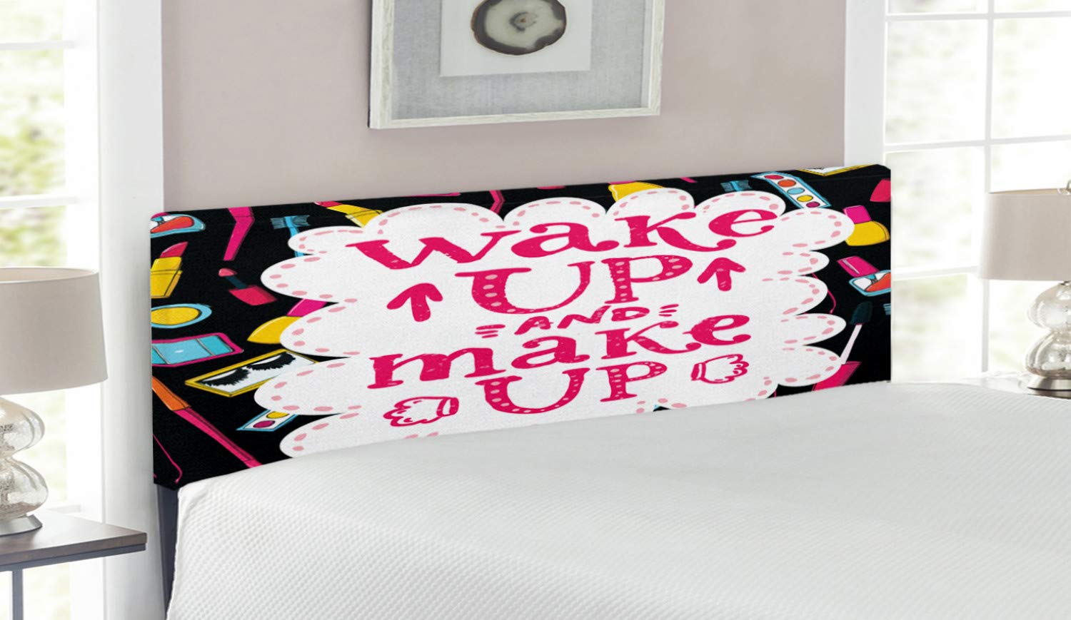 Ambesonne Queen Size Upholstered Metal Bed Headboard with Memory Foam - Witty Lettering Wake Make Cosmetic Design (Lipstick, Mascara & Nail Polish) - Decorative Multicolor Headboard for Bedroom Makeover & Beauty Lovers