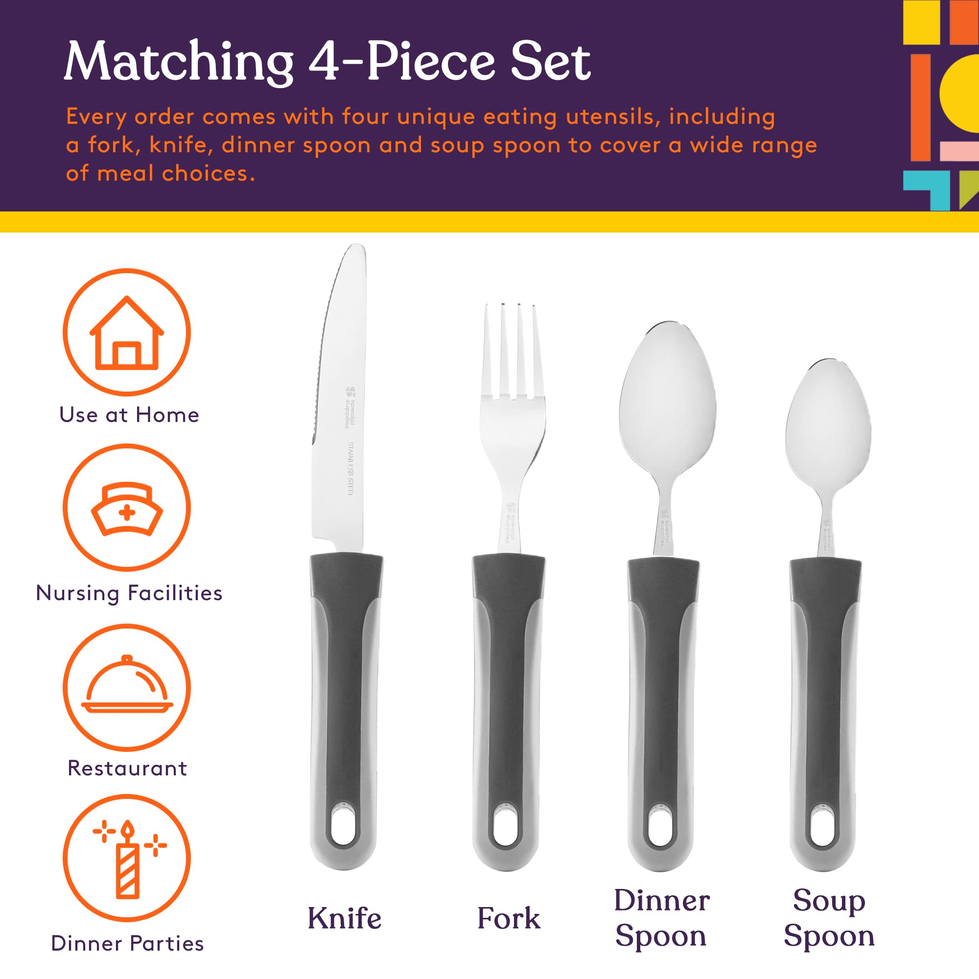 Special Supplies Adaptive Utensils Set for Hand Tremors & Arthritis - 4-Piece Kitchen Tools with Non-Slip Handles (Stainless Steel Knife, Fork, Spoons) - Ideal for Parkinson’s, Elderly & Disabled Users - Gray Striped Design for Easy Grip & Comfortable Dining