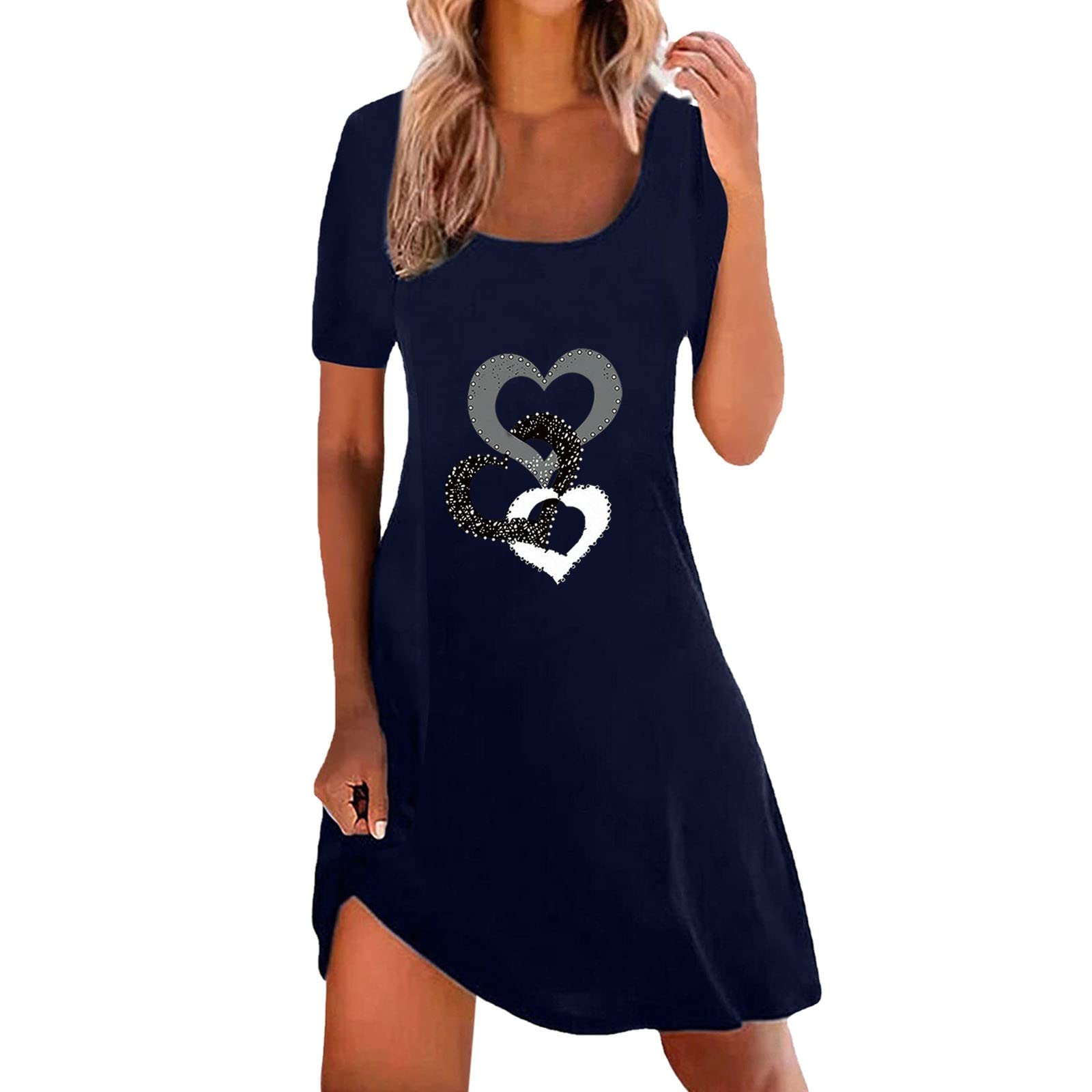 Women's Summer Fashion Dress - Round Neck Short Sleeve Heart Print Lace Casual Sexy Dress | Perfect for Beach Vacations, Date Nights & Summer Parties