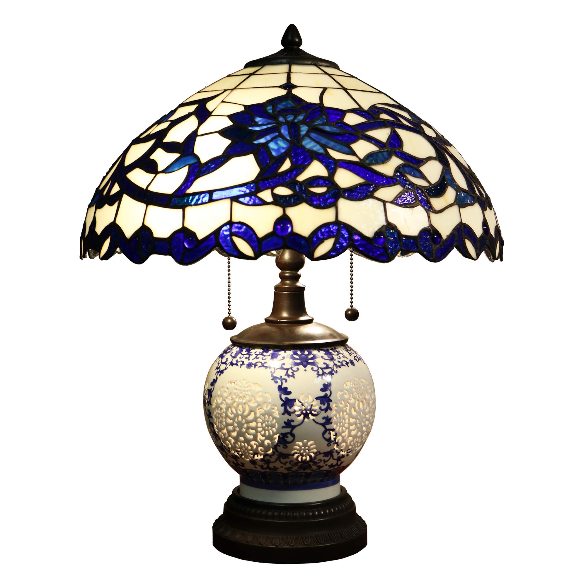 Tiffany-Style Table Lamp with Blue Glass - 3-Light Double-Lit 21-Inch Decorative Lamp for Living Room, Bedroom & Office | DYL451-743 Akiko Collection
