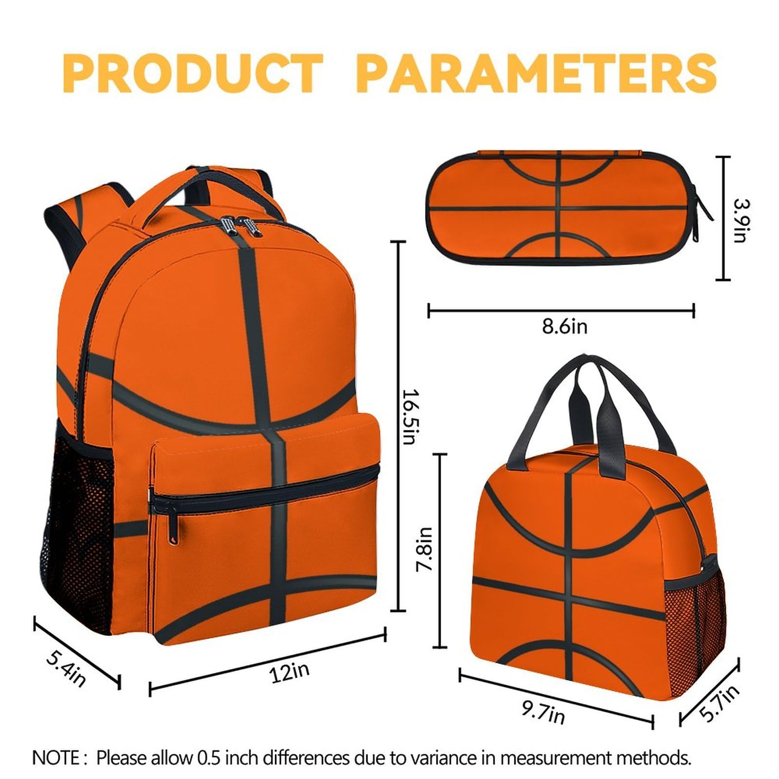 3-in-1 Basketball Backpack Set with Insulated Lunch Box & Pencil Case - Orange Boys' School Backpack Combo | Perfect for Sports, School & Travel | Durable Bookbag with Matching Accessories