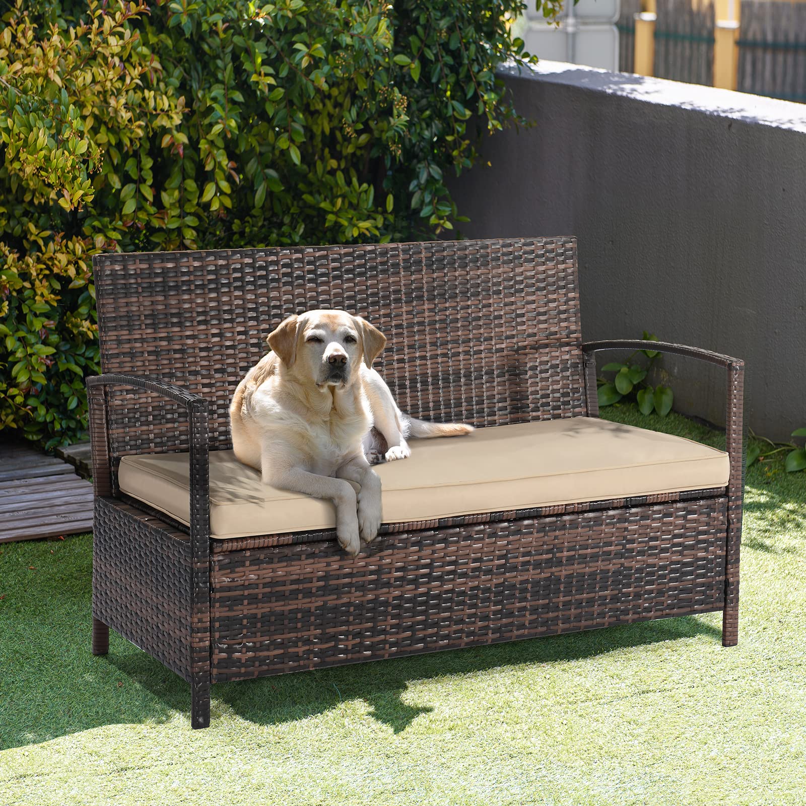 VINGLI 40 Gallon Outdoor Storage Bench with Cushion - Wicker Rattan Deck Box & Patio Sofa Bench for Porch, Yard, Garden - Weather-Resistant Brown Storage Solution for Outdoor Cushions, Pool Toys & Gardening Tools