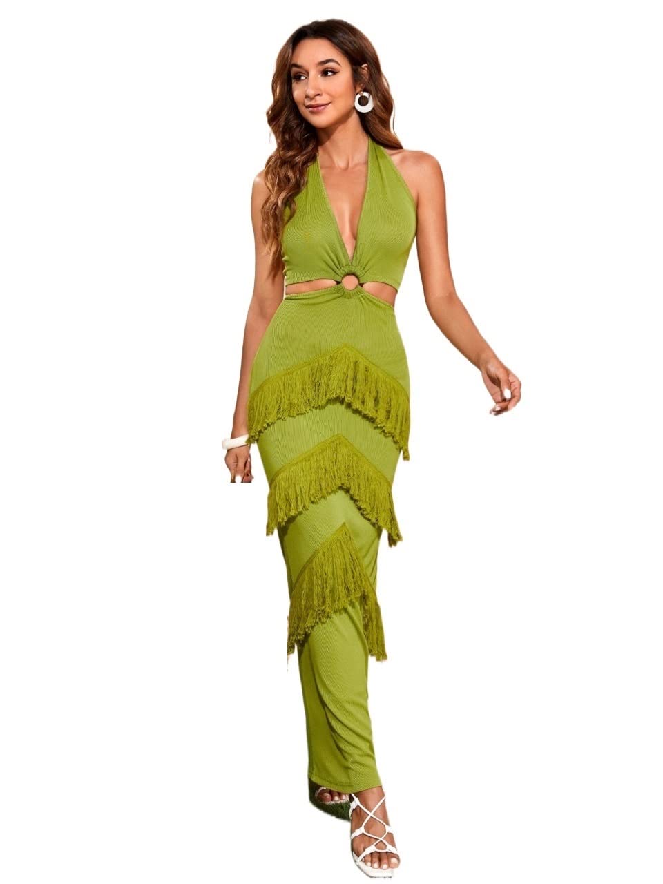 2022 Women's Summer Maxi Dress with Plunging Neckline, Ring Detail & Fringe Trim - Perfect for Beach Vacations, Date Nights & Summer Parties