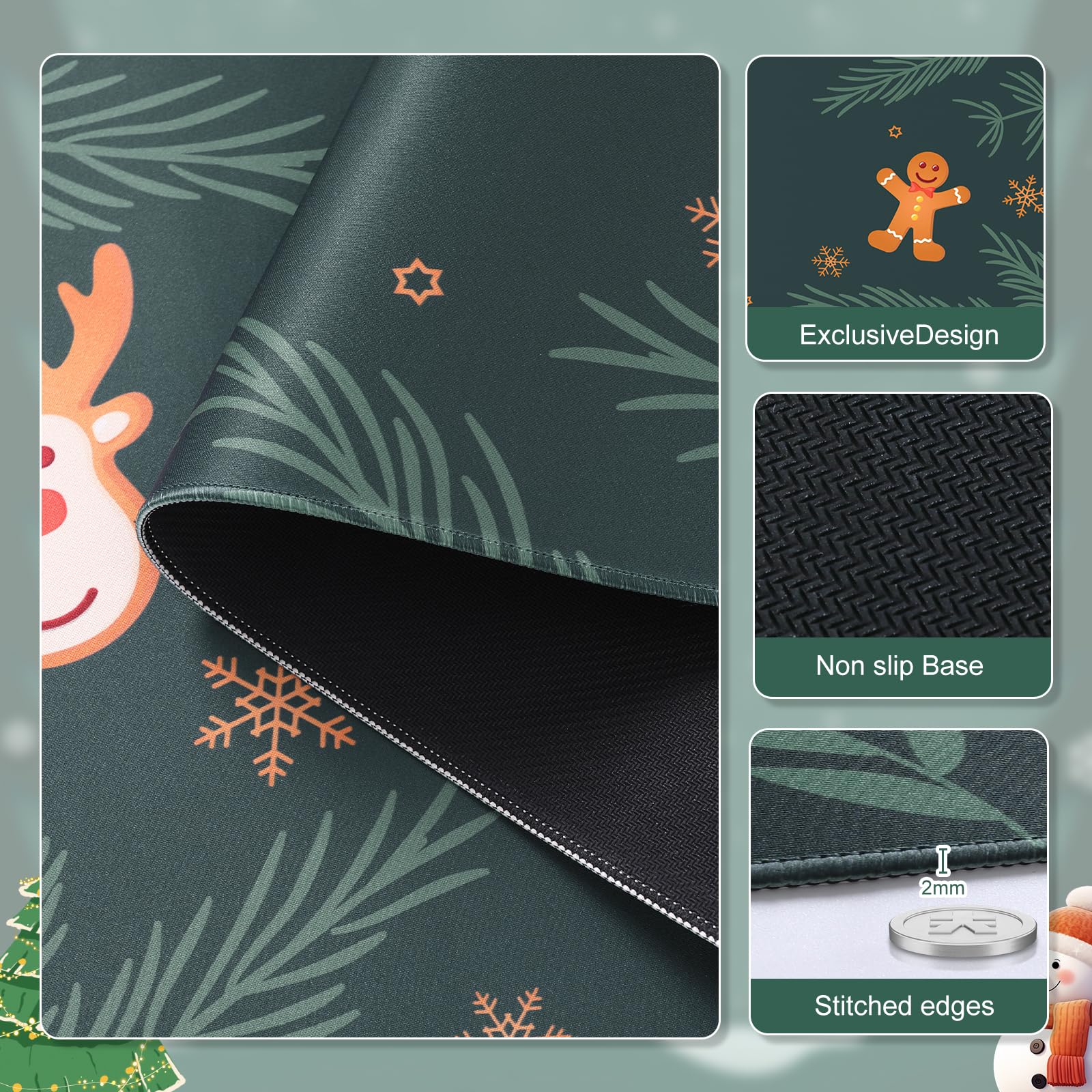 iCasso Large Green Christmas Mouse Pad & Desk Mat - Non-Slip Computer Keyboard Pad with Stitched Edges for Office, Gaming & Home Workspace - Perfect for PC, Laptop & Mac Users (Green)