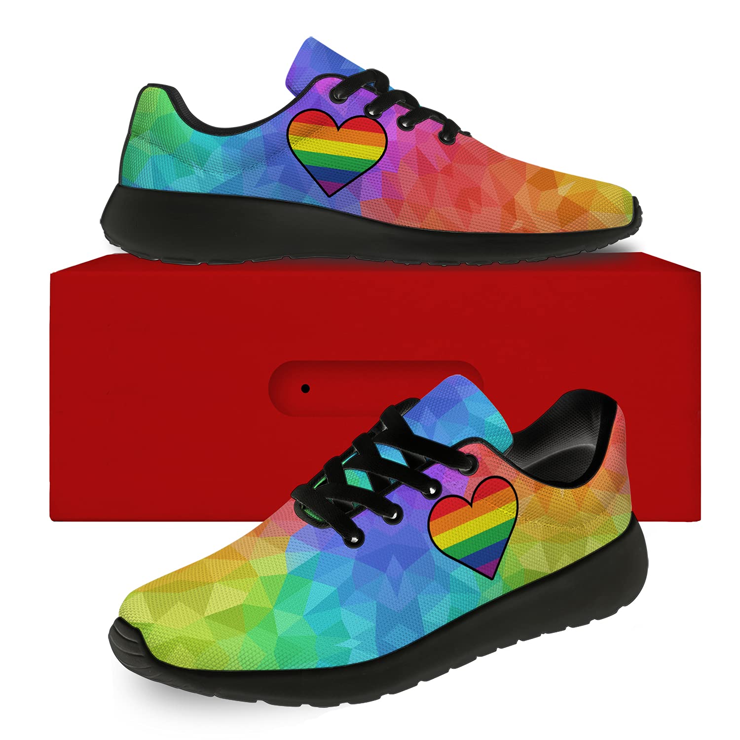 **Men's & Women's LGBT Pride Running Shoes - Rainbow Heart Sneakers for Walking, Tennis & Casual Wear - Lesbian, Trans, Gay Pride Gifts - Size 9 Men/10.5 Women Black - Perfect for Pride Parades, Workouts & Everyday Fashion**