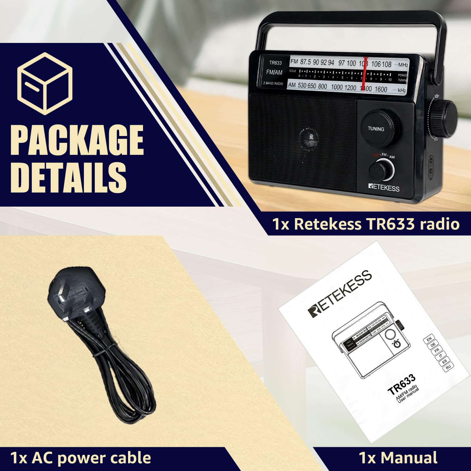 Retekess TR633 Portable AM FM Radio with External Antenna - Battery & AC Powered, Transistor Radio with Headphone Jack & Large Speaker - Perfect for Kitchen, Bedroom, Elderly Use (Black) | Home, Camping, Emergency Use