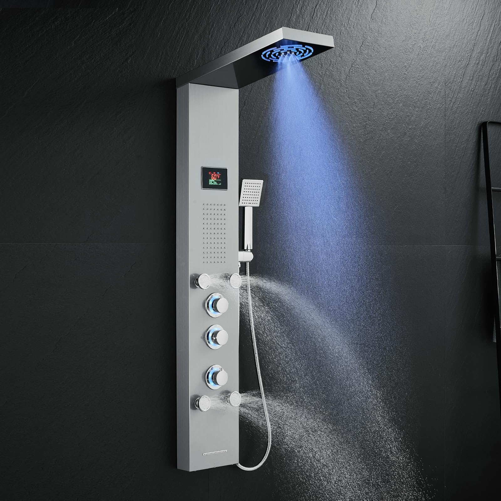 ROVOGO Hydroelectric LED Shower Panel System - No Battery Needed, Stainless Steel Brushed with MIST & RAIN Shower, Body Jets, Handheld Sprayer, Tub Spout & Temperature Display | Perfect for Modern Bathroom, Spa-Like Shower Experience, Luxury Home Upgrade
