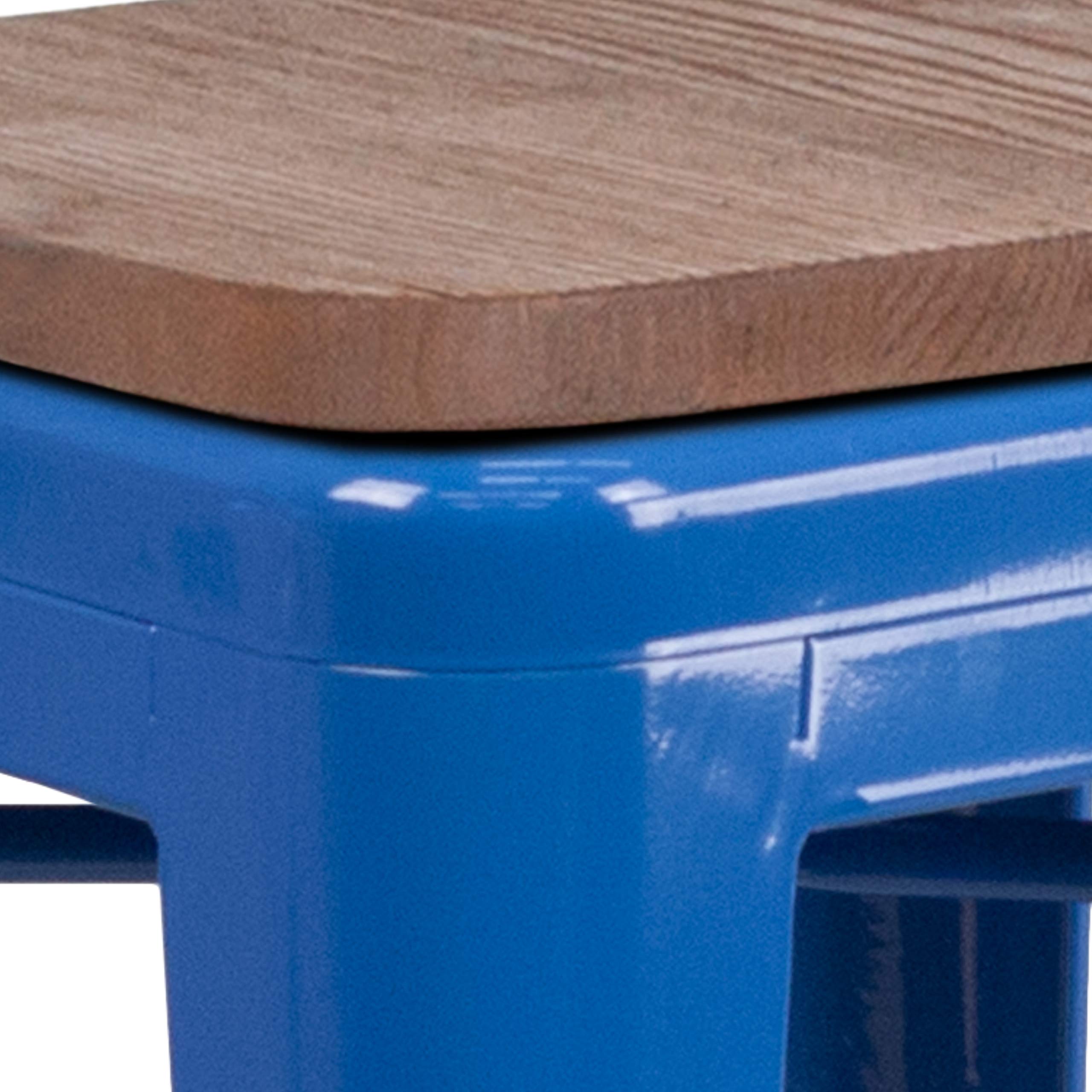 EMMA & OLIVER 24 Inch Blue Metal Counter Height Bar Stool - Backless Wood Seat Barstool for Kitchen Island, Breakfast Nook & Home Decor