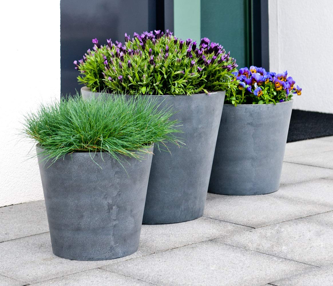 E1004-35-03 Modern Round Fiberstone Planter Pot - Small Grey Bucket Style Indoor/Outdoor Flower Pot for Home Decor, Garden & Patio Plants