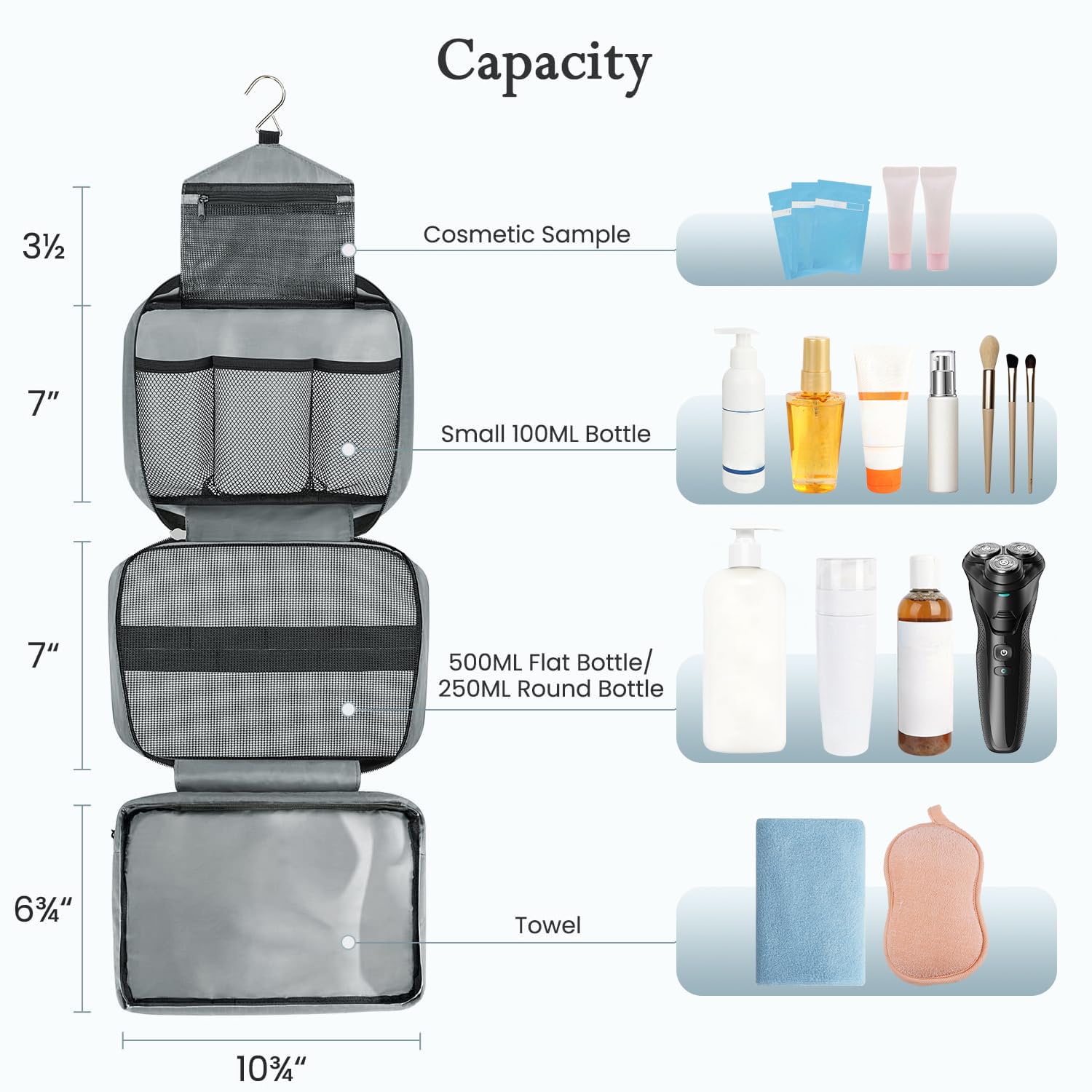 Premium Hanging Toiletry Bag for Men & Women - Large 4-Compartment Waterproof Travel Cosmetic Organizer | Ideal for Business Trips, Vacations & Gym Use (Grey)