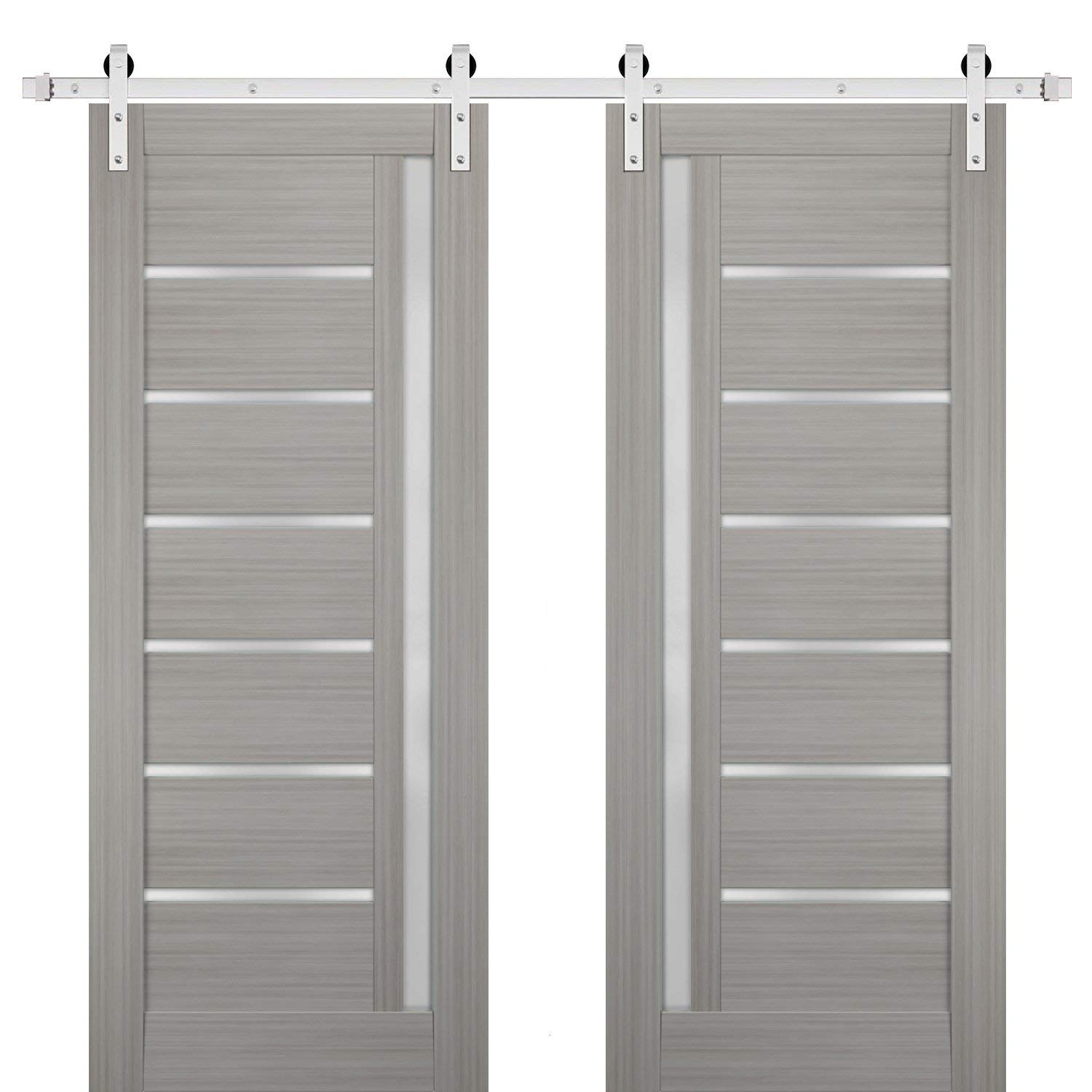 Sturdy 48x96 Inch Double Barn Door with Frosted Glass - Quadro 4088 Grey Ash Finish | 13ft Stainless Steel Rail Hangers | Heavy Duty Solid Panel Interior Doors for Bedroom, Closet, or Living Room Partition