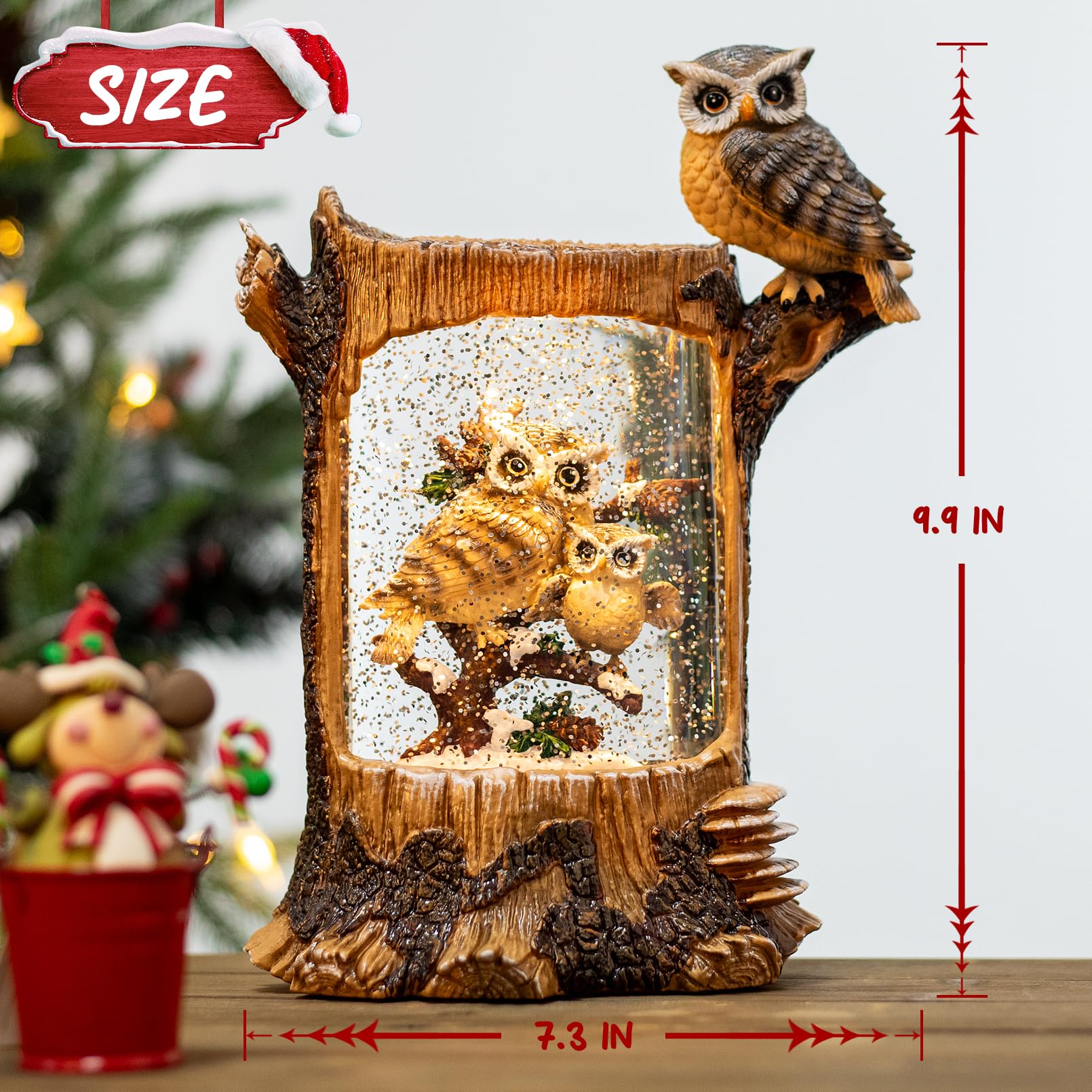Christmas Owl Family Snow Globe with Music & Timer - Large Glittering Owl Figurine Holiday Decor for Home, Battery & USB Powered - Perfect for Christmas Gifts, Mantel Decor & Winter Wonderland Displays