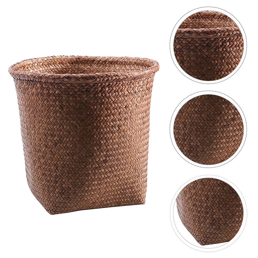 PATKAW Round Woven Waste Basket - 1PC Straw Wicker Trash Can for Office, Laundry Room & Home Decor | Eco-Friendly Storage Bin for Plants, Waste Paper & Clothing | Perfect for Farmhouse, Boho & Coastal Style Decor