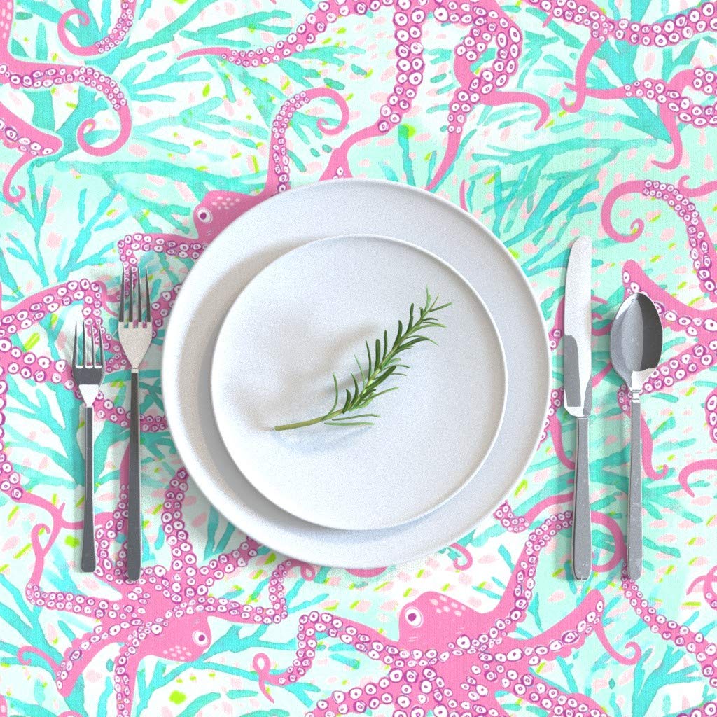 Ocean Octopus Beach Nautical Print Cotton Sateen Tablecloth 70x120 Inches - Custom Table Linens for Summer Dining, Beach Parties & Coastal Home Decor