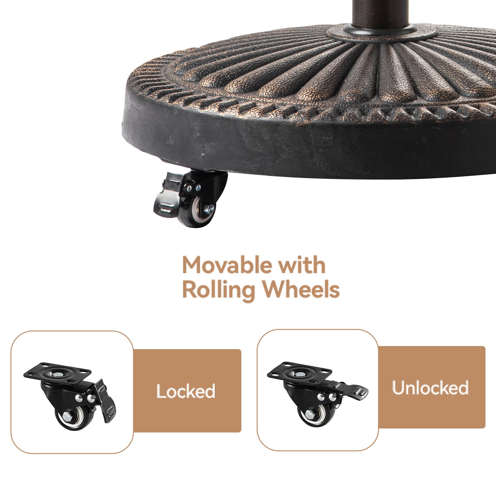 Heavy Duty 52 lb Bronze Round Base Stand with Rolling Wheels for Outdoor Patio Umbrella - Perfect for Garden, Backyard, and Market Table Use