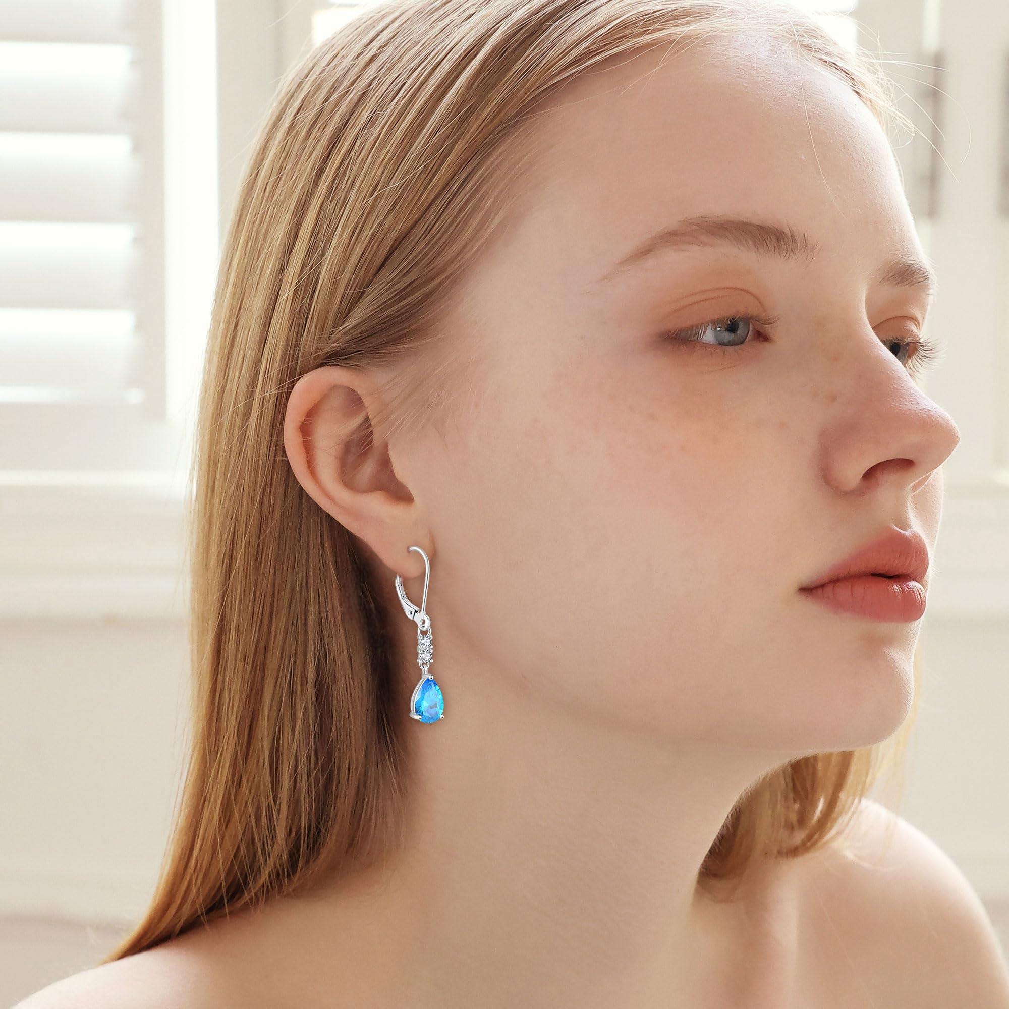 925 Sterling Silver Teardrop Birthstone Leverback Earrings for Women - Dangle Drop FJ Earrings Jewelry Gift for Girls, Mother's Day, Anniversary & Special Occasions