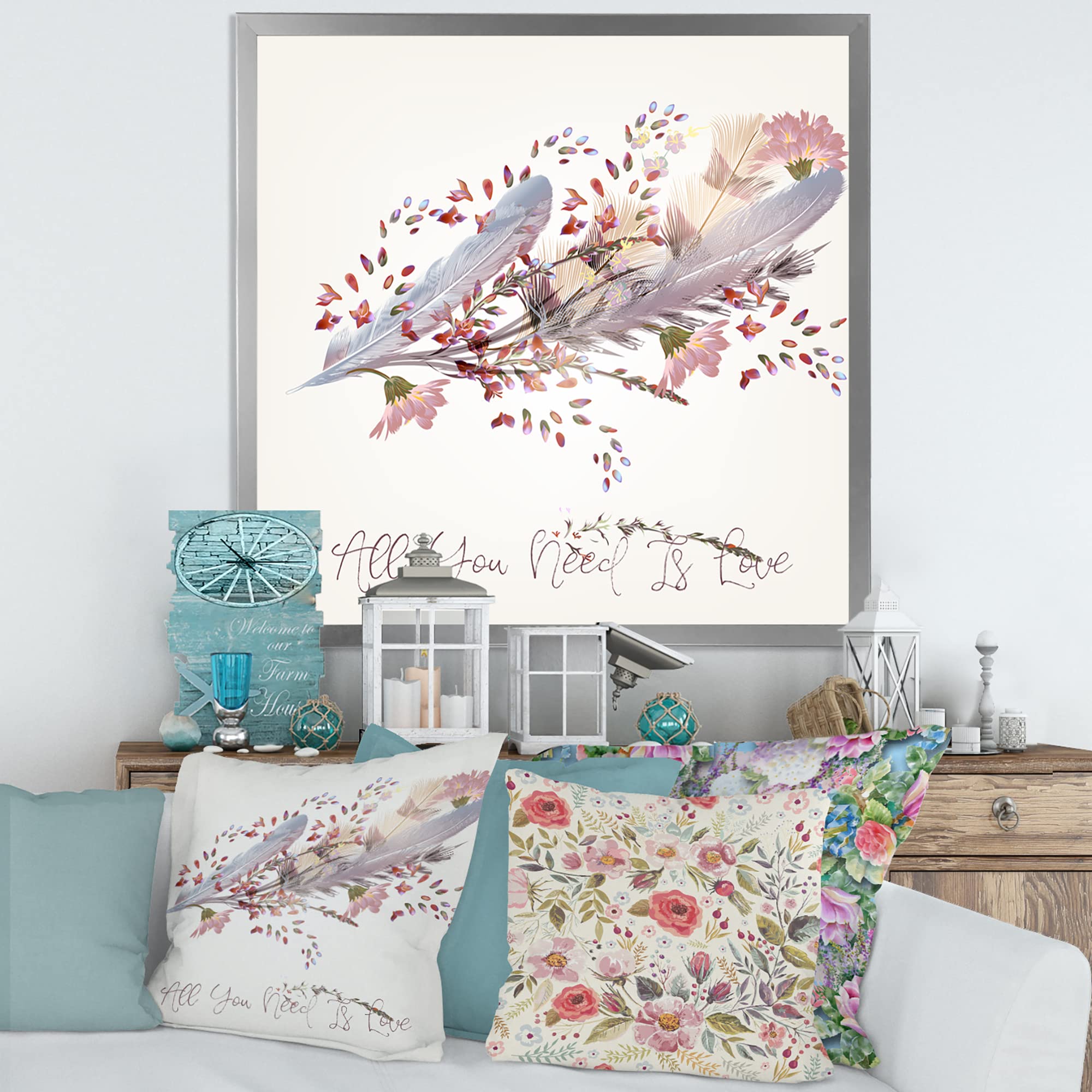 Handmade Bohemian Wall Art Decor - Pink Feathers & Birds 'All You Need Is Love' Canvas Painting for Living Room, Bedroom & Home | Perfect for Boho Style Interiors, Wedding Gifts, Nursery Decor & Housewarming Presents | Ideal for Bohemian Themed Spaces, Girls' Rooms & Cozy Reading Nooks