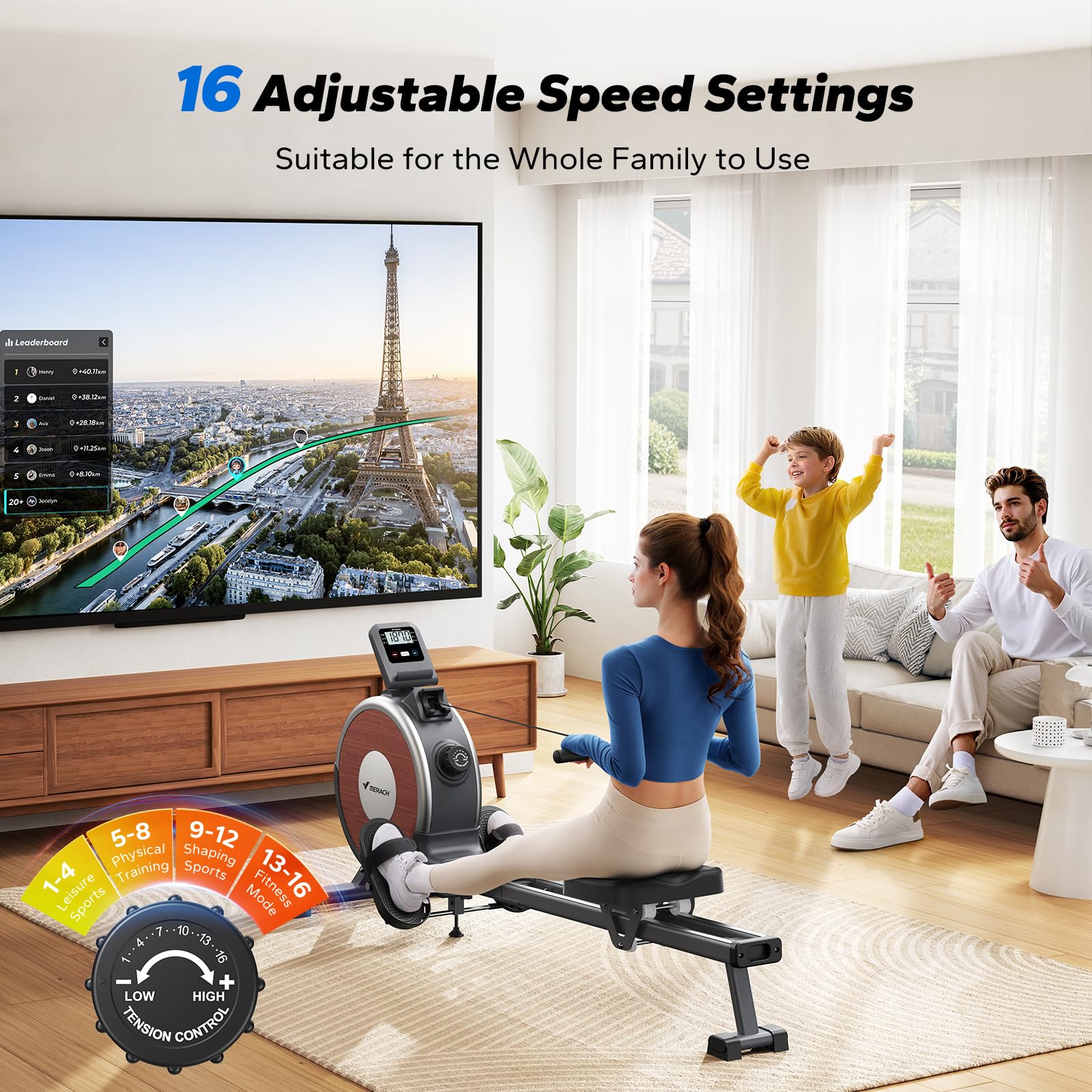 MERACH Magnetic Rowing Machine for Home - 16-Level Quiet Resistance Rower with 350lb Weight Capacity & App Connectivity | Perfect for Home Gym, Cardio Workouts & Full-Body Training