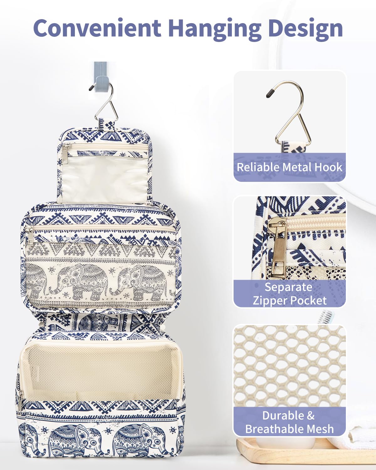 Waterproof Hanging Toiletry Bag for Women - Travel Cosmetic Organizer with Elephant Design | Perfect for Camping, Gym & Vacation Essentials Storage