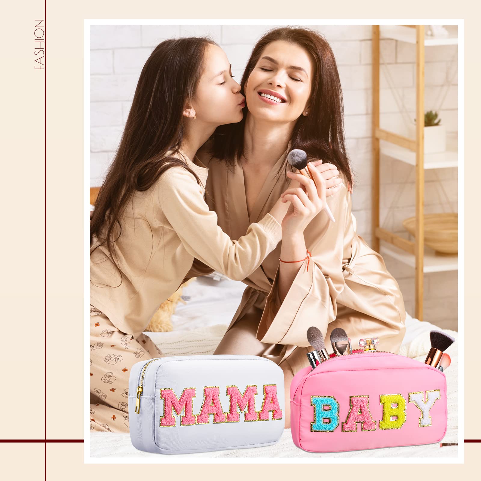 Sanwuta 2 Pack Nylon Cosmetic Makeup Bags with Chenille Letters - Zippered Travel Toiletry Pouches for Women, Girls, Baby & Mama (White & Pink) - Perfect for Travel, Gym, School & Daily Organization