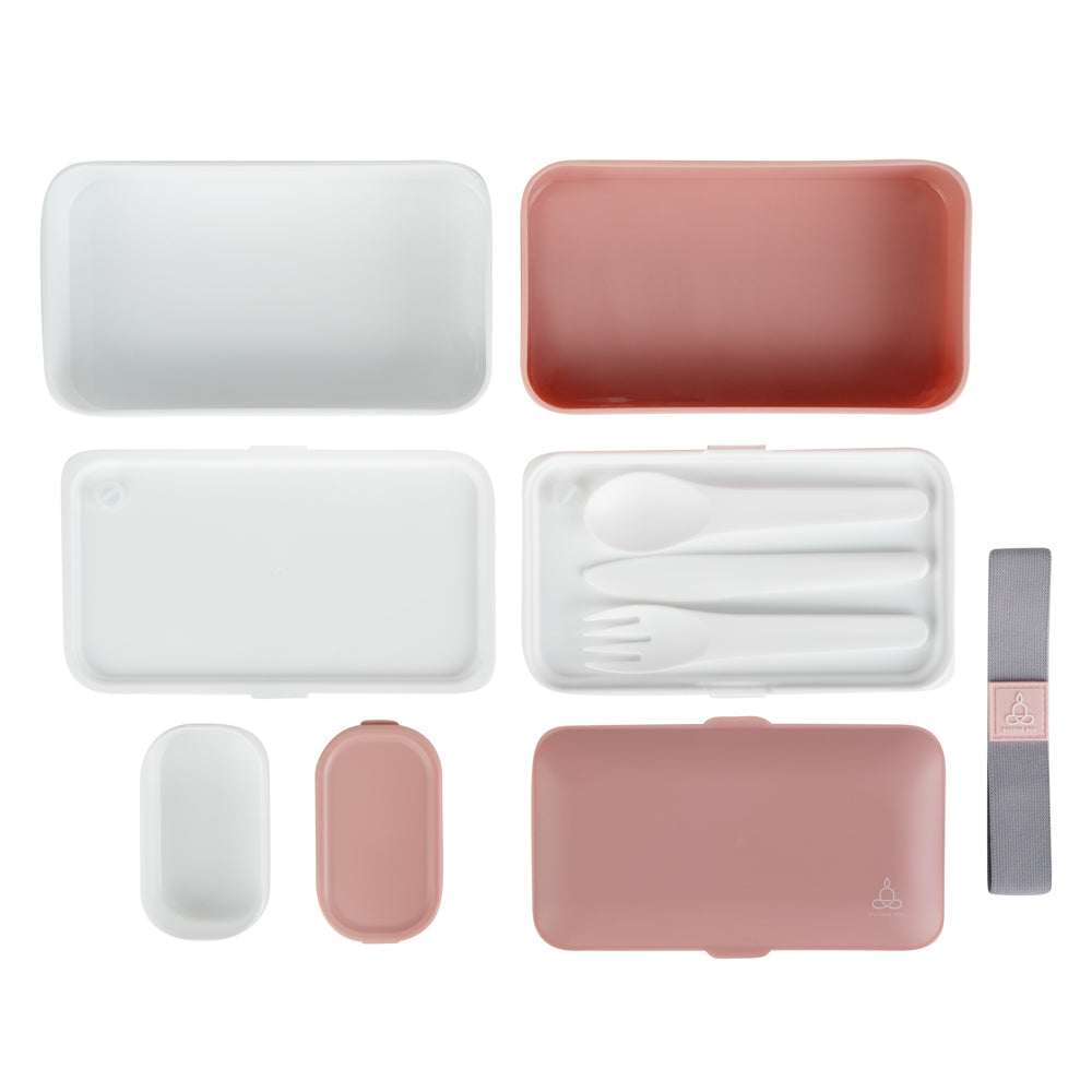 Bento Tek 41oz Pink & White Buddha Lunch Box with Utensils & Sauce Cup - 7.25