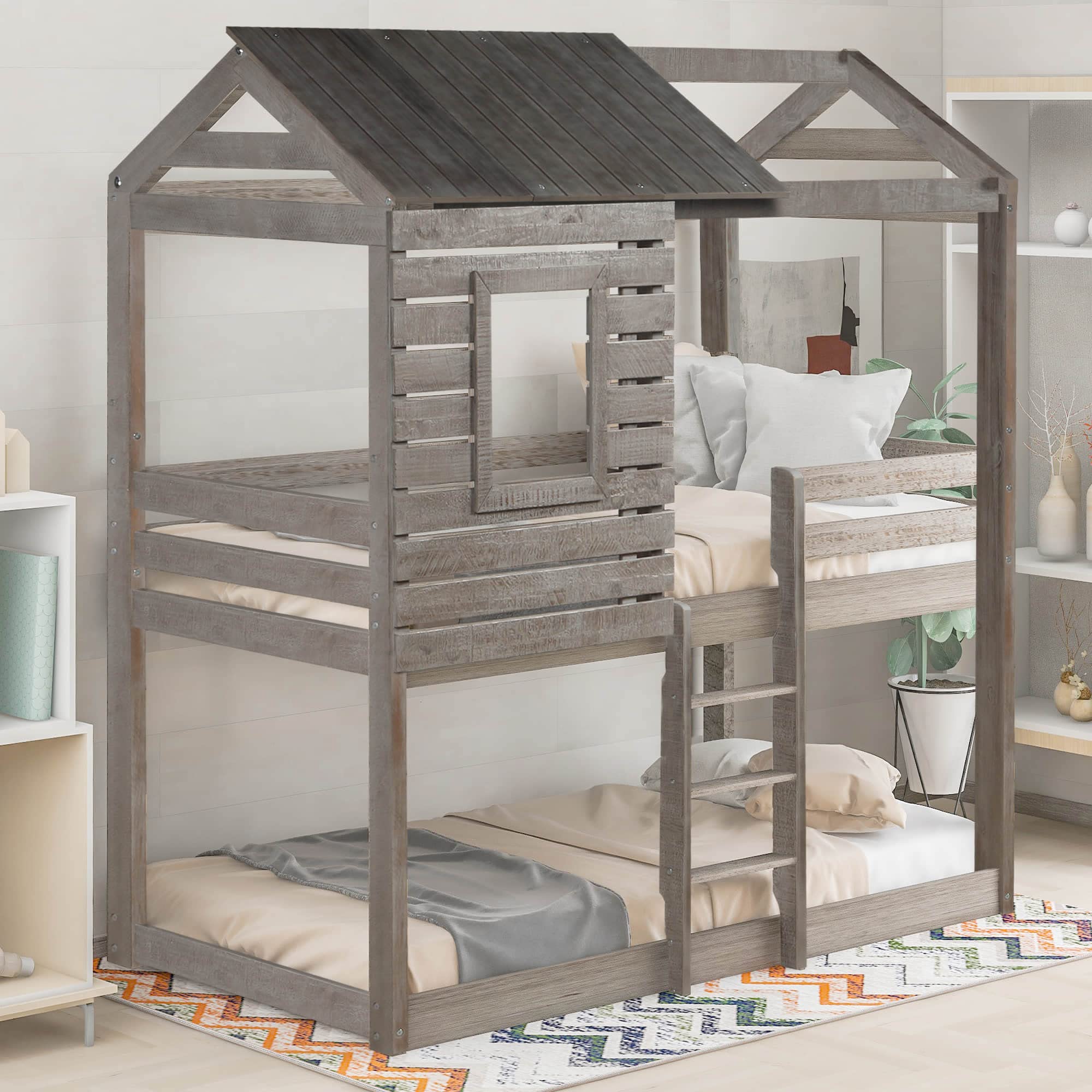 Space-Saving Wooden Bunk Bed Loft with Roof, Window & Guardrail - Twin Over Twin Kids Bed - No Box Spring Needed - Perfect for Small Rooms, Dormitories & Shared Kids' Bedrooms