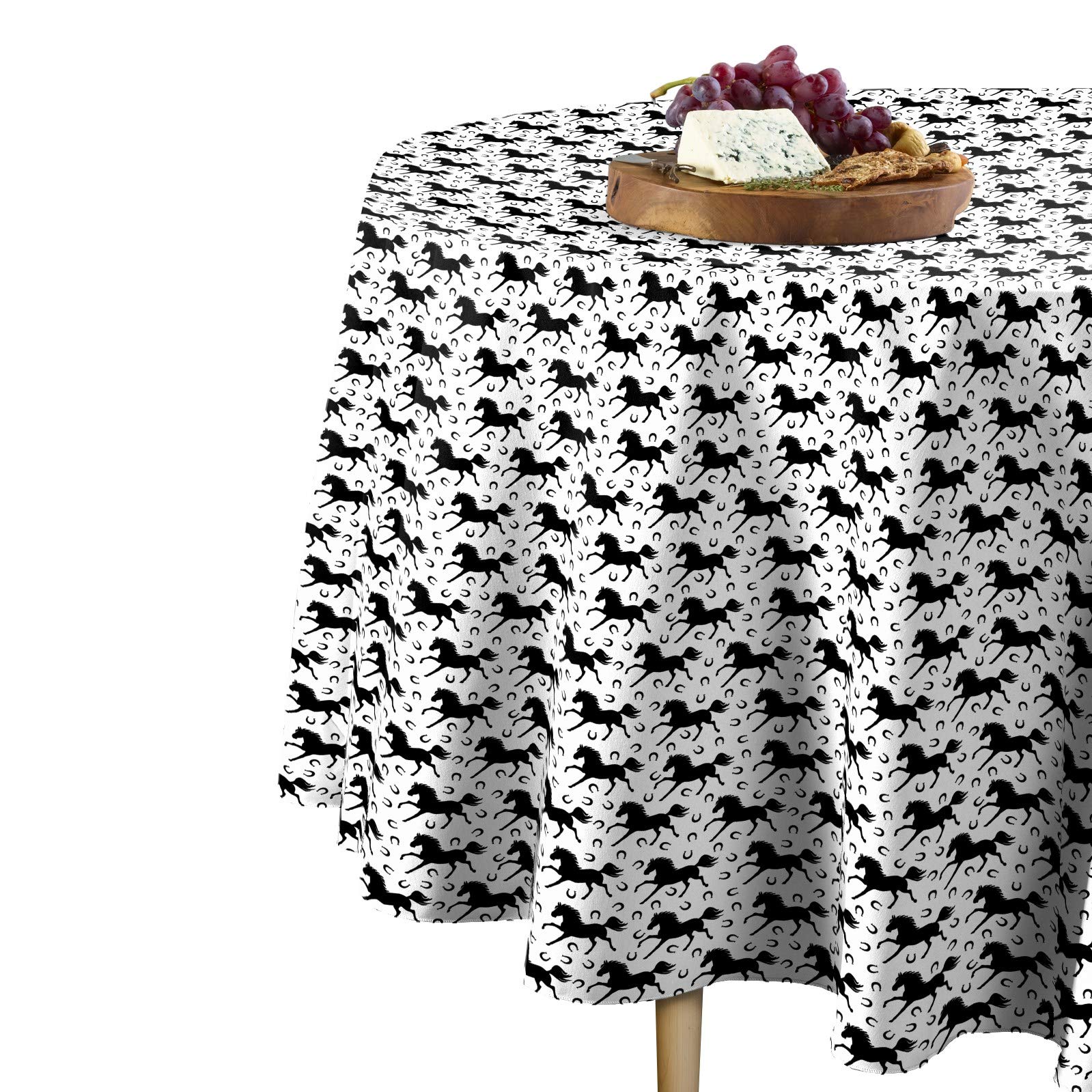 Western Round Tablecloth with Stallions & Horseshoes Design | 120-Inch Machine Washable Stain-Resistant Fabric | USA-Made for Dining Room, Kitchen, or Outdoor Party Decor