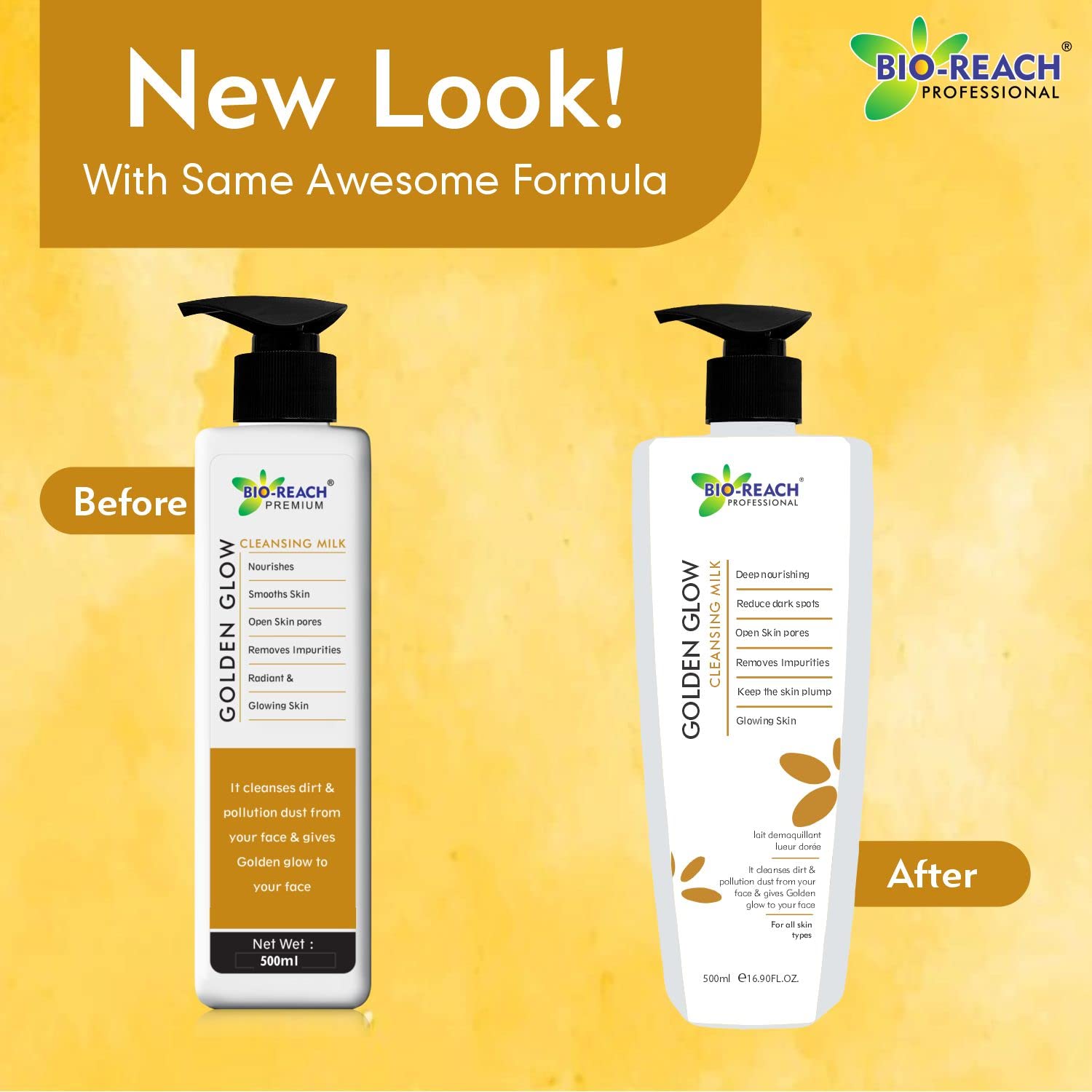BIO-REACH Golden Glow Cleansing Milk - Hydrating Facial Cleanser for Dry & Sensitive Skin (2 x 500ml) | Gentle Makeup Remover & Daily Skincare Routine Essential