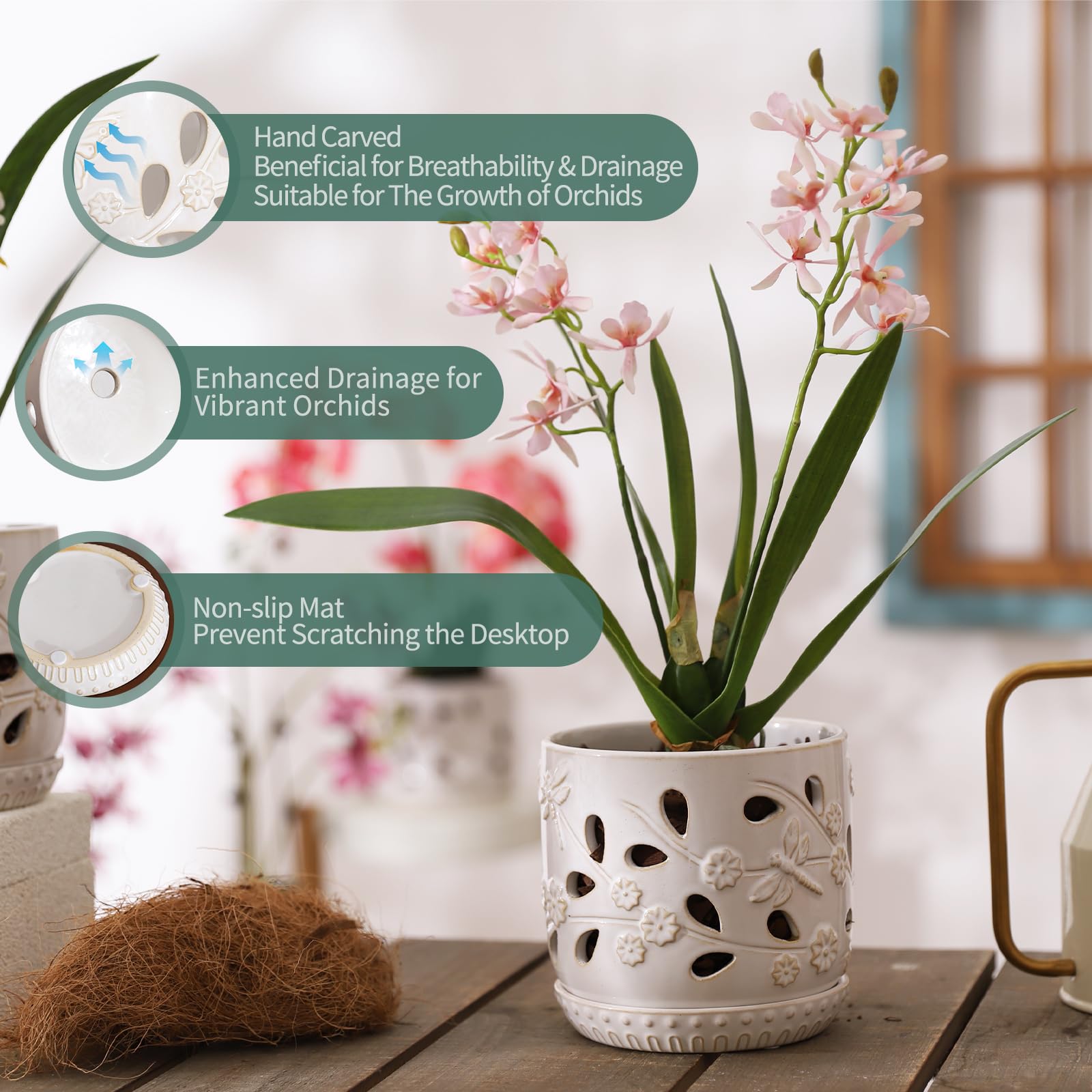 Premium 5 Inch Ceramic Orchid Pots with Saucer - Carved Hollow Design for Optimal Root Health & Ventilation - Indoor/Outdoor Flower Planters (Set of 2) - Perfect for Home Decor, Office Plants & Garden Arrangements