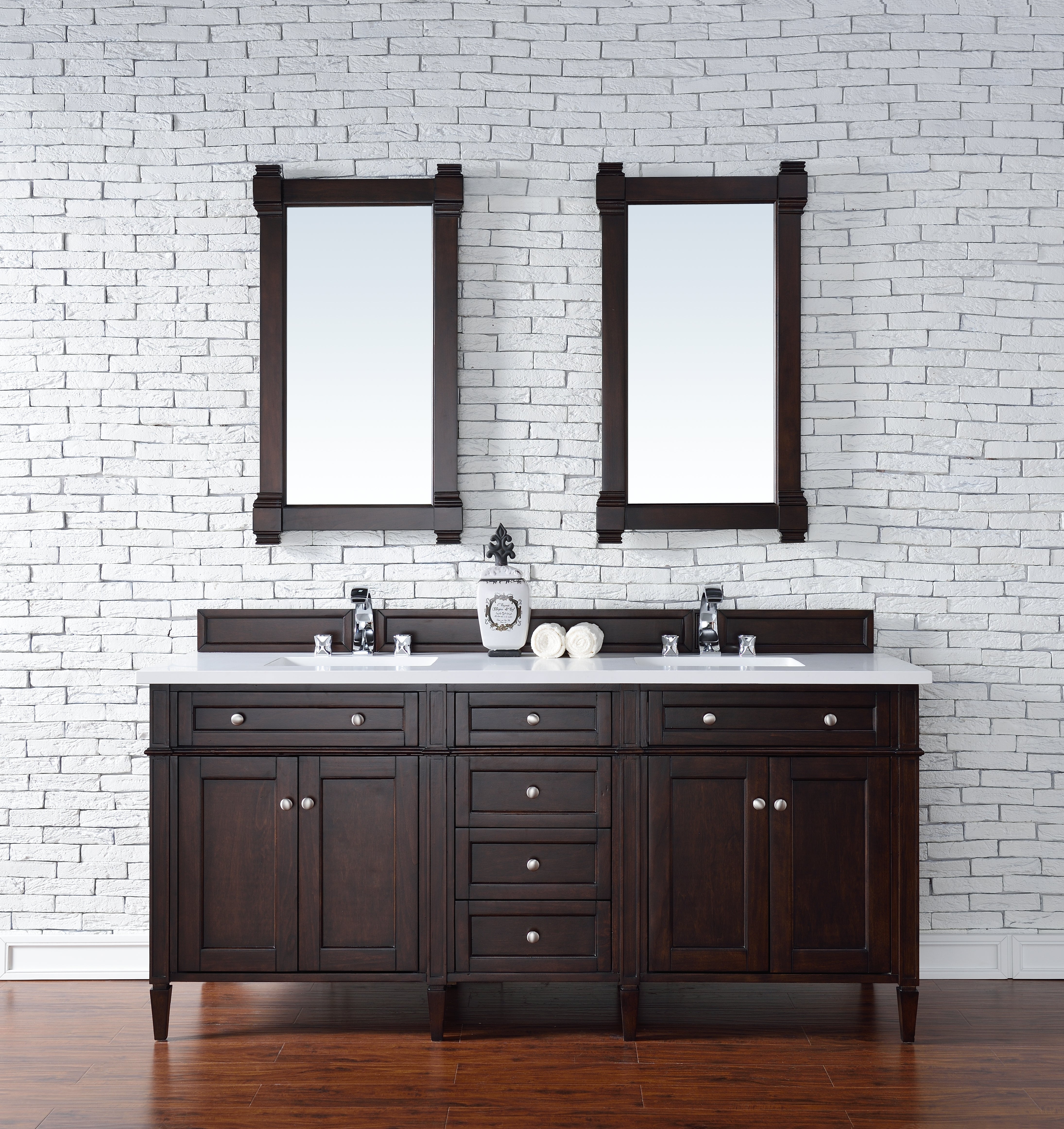 Brittany 72 Inch Burnished Mahogany Double Bathroom Vanity with 3CM White Zeus Quartz Countertop - Perfect for Master Bathroom Renovation and Luxury Home Decor