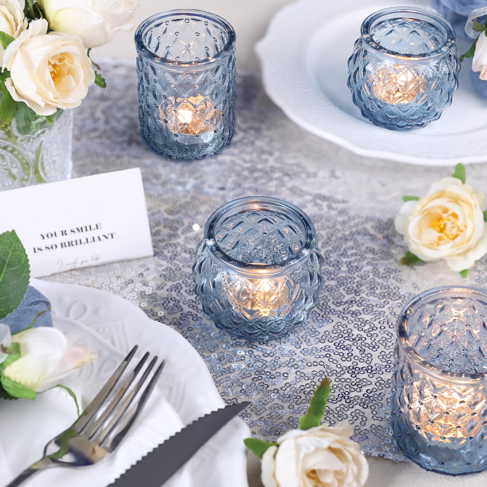 36-Piece Blue Glass Votive Candle Holders Set - Round Tea Light Holders Bulk for Wedding, Party & Home Decor - Perfect for Centerpieces, Table Settings, Romantic Ambiance & Gift Giving